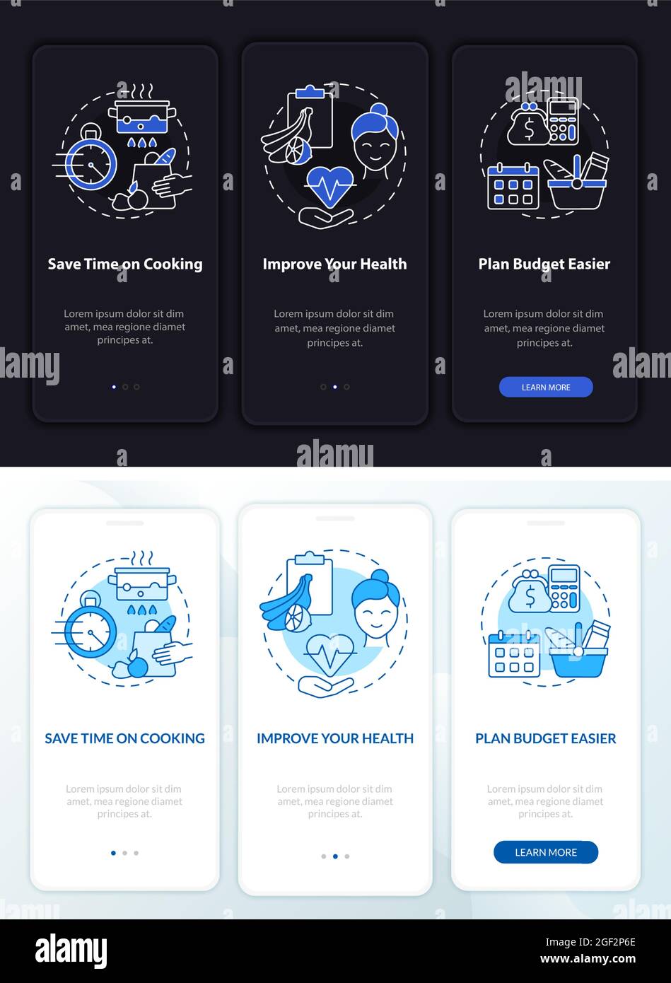 Reasons for meal plan day, night onboarding mobile app page screen ...