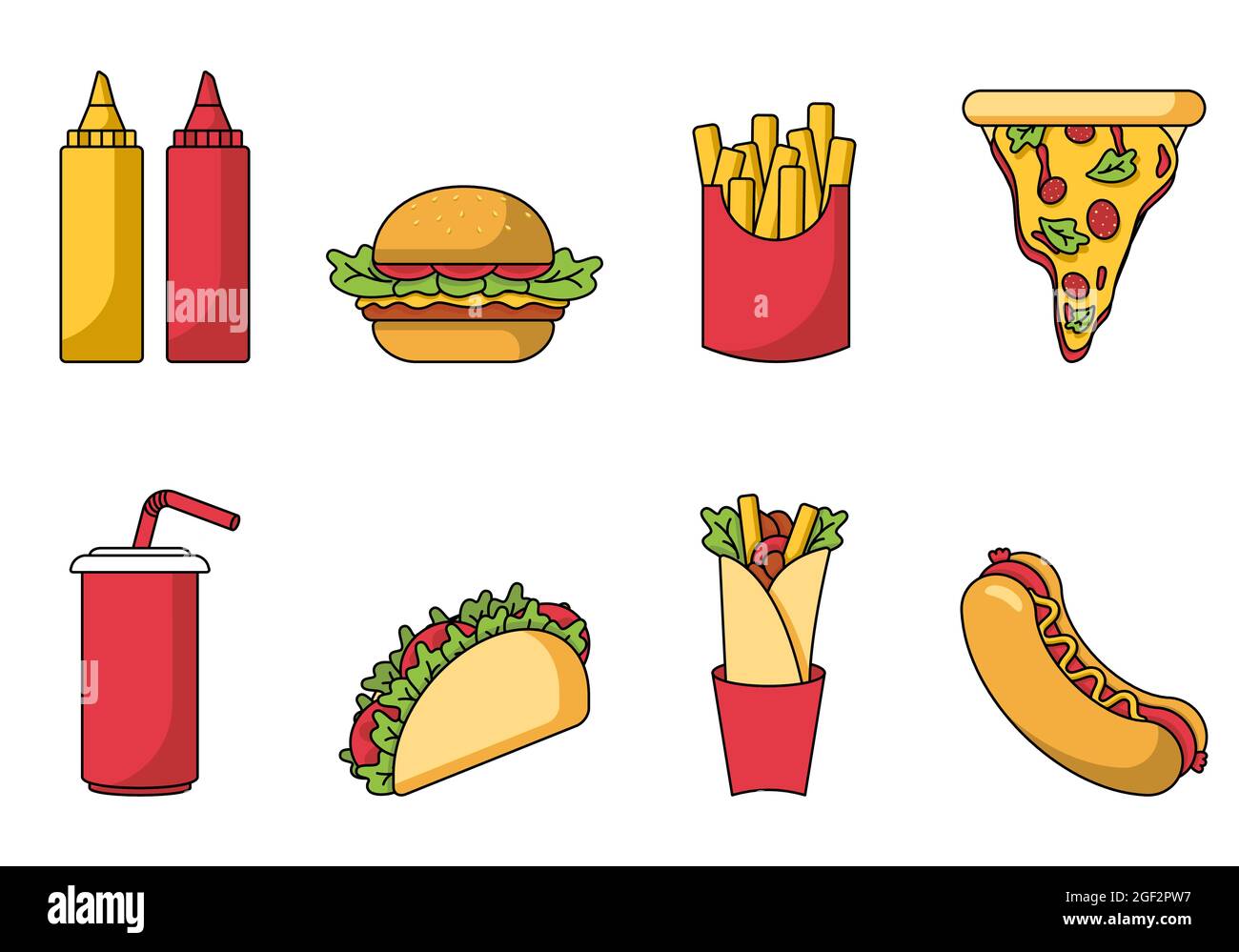 Set of a cartoon fast food isolated on a beige background. Hamburger,  tacos, pizza, hot-dog, French fries, soda, soys, meat roll. Vector  illustration Stock Vector Image & Art - Alamy