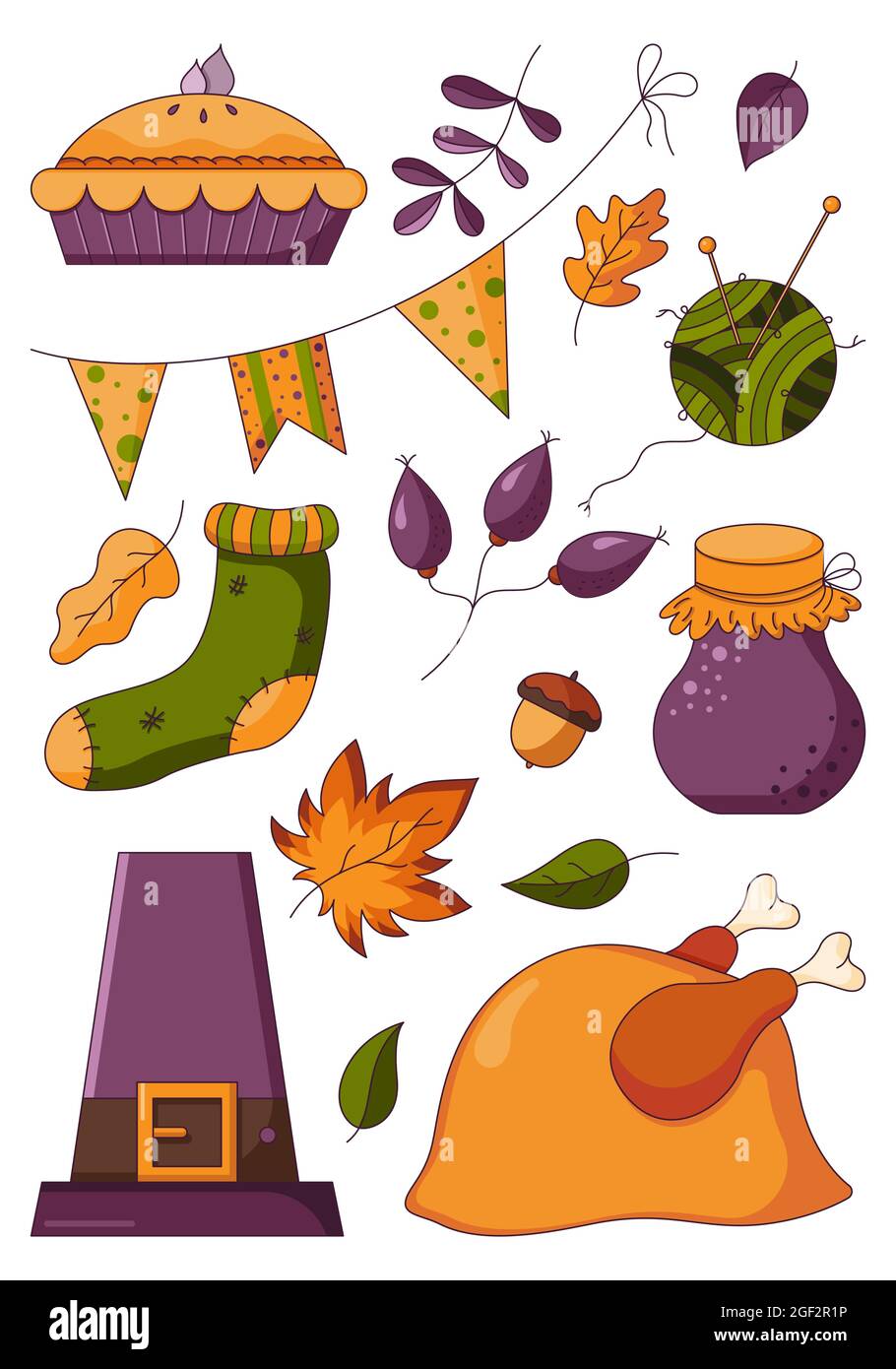 Autumn set for a thanksgiving day with traditional holiday attributes in a flat style isolated on a white background. Stock Vector