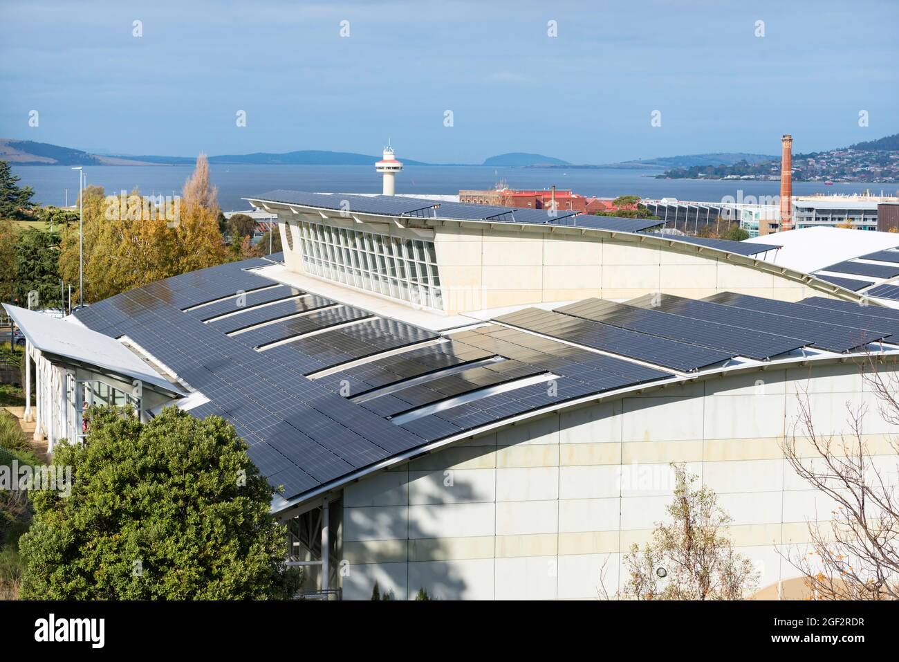 The solar panel covered Doone Kennedy Hobart Aquatic Centre is named in honor of Lorna Doone Kennedy who was mayor of Hobart between 1986 and 1996 Stock Photo
