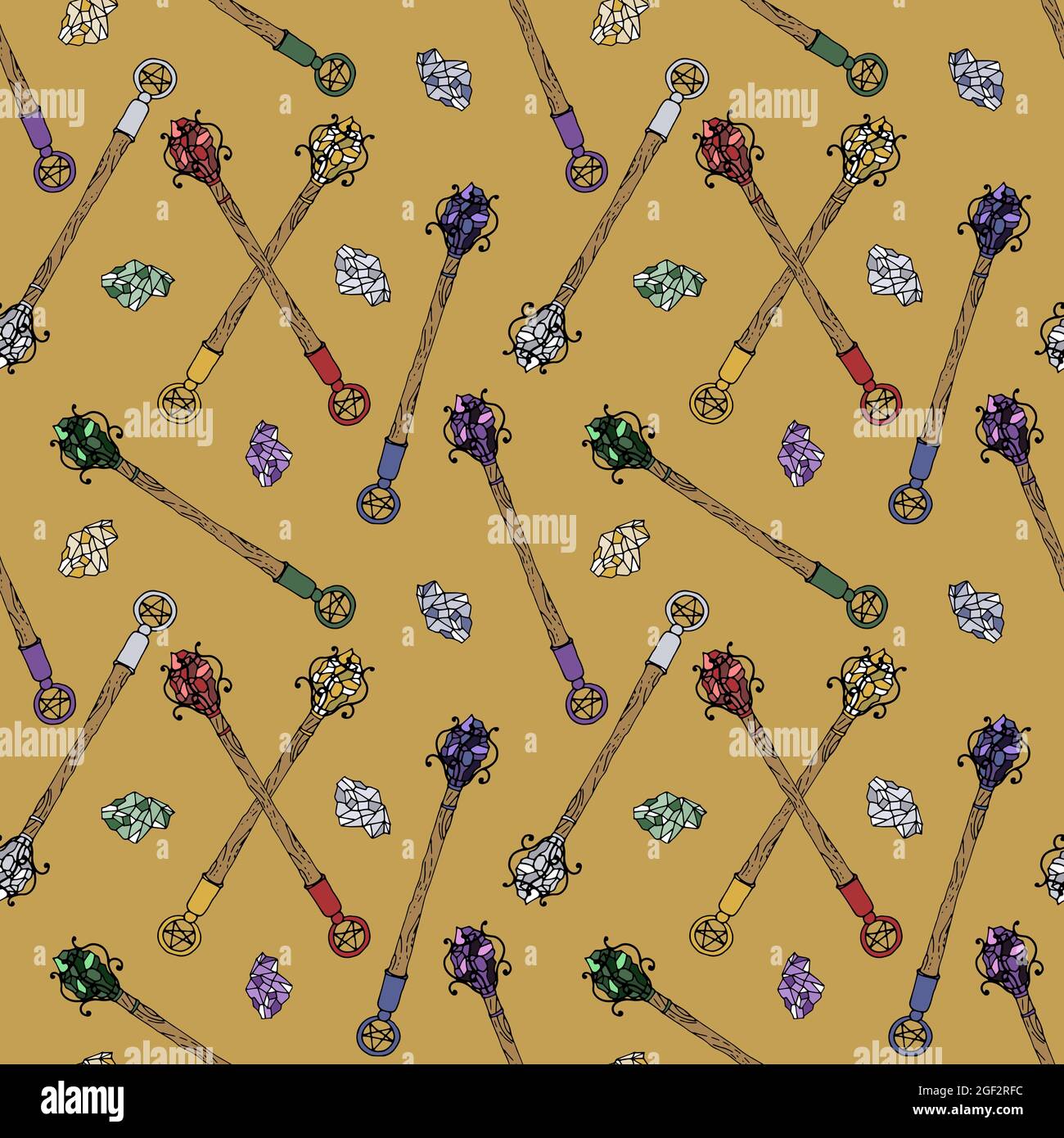 Seamless pattern with hand drawn colorful crystals and magic wands on ...