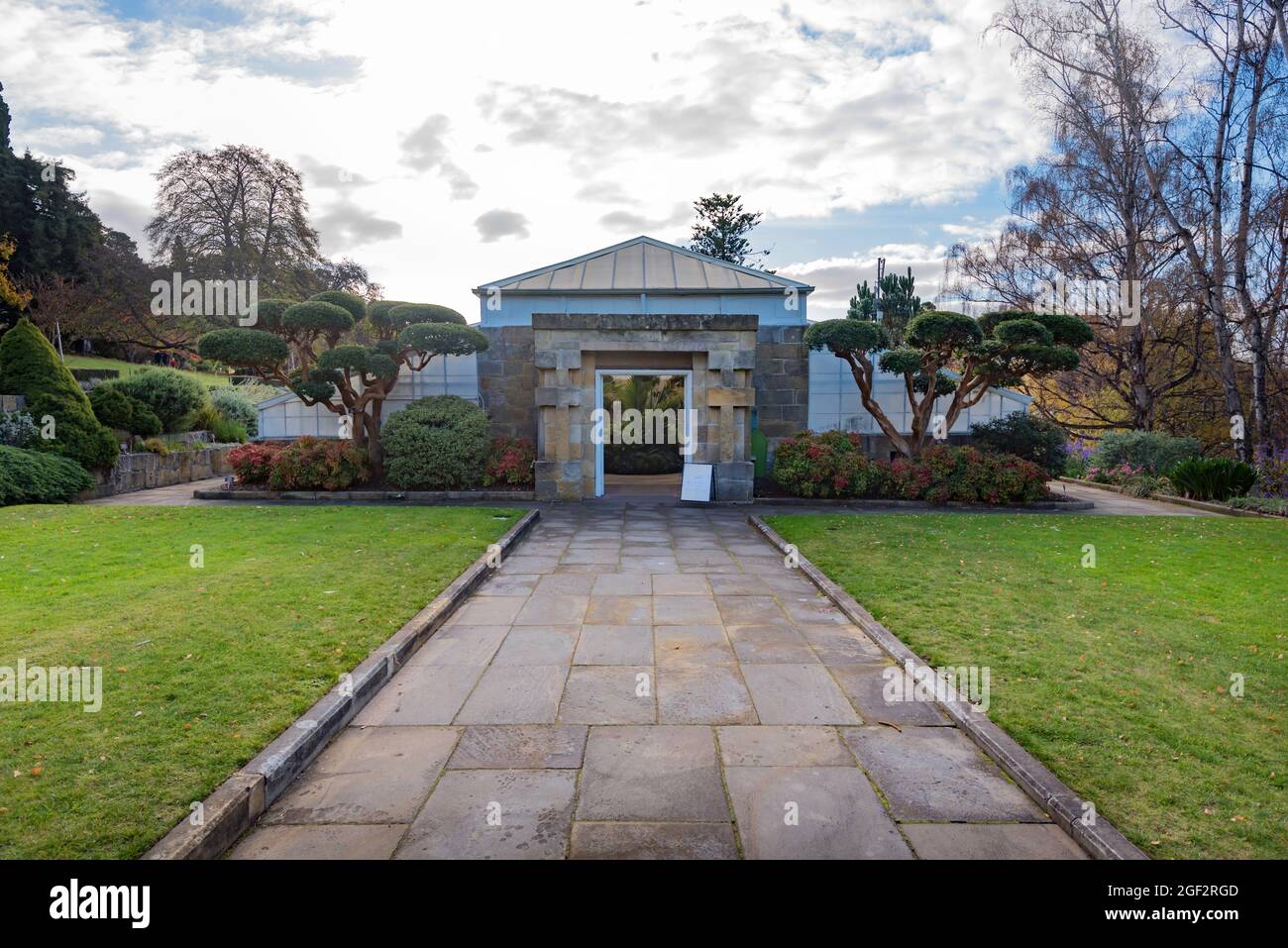 The exterior of the 1939 built Conservatory at the Royal Tasmanian Botanical Gardens in located in the Queens Domain, Hobart, Tasmania, Australia Stock Photo