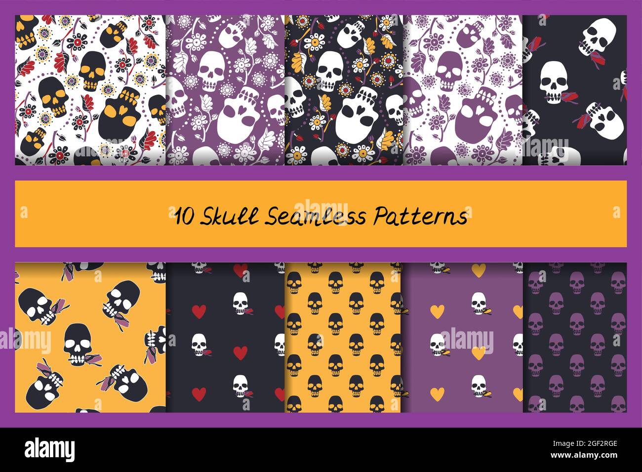 Set of 10 Colorful seamless pattern with stylized skulls Stock Vector