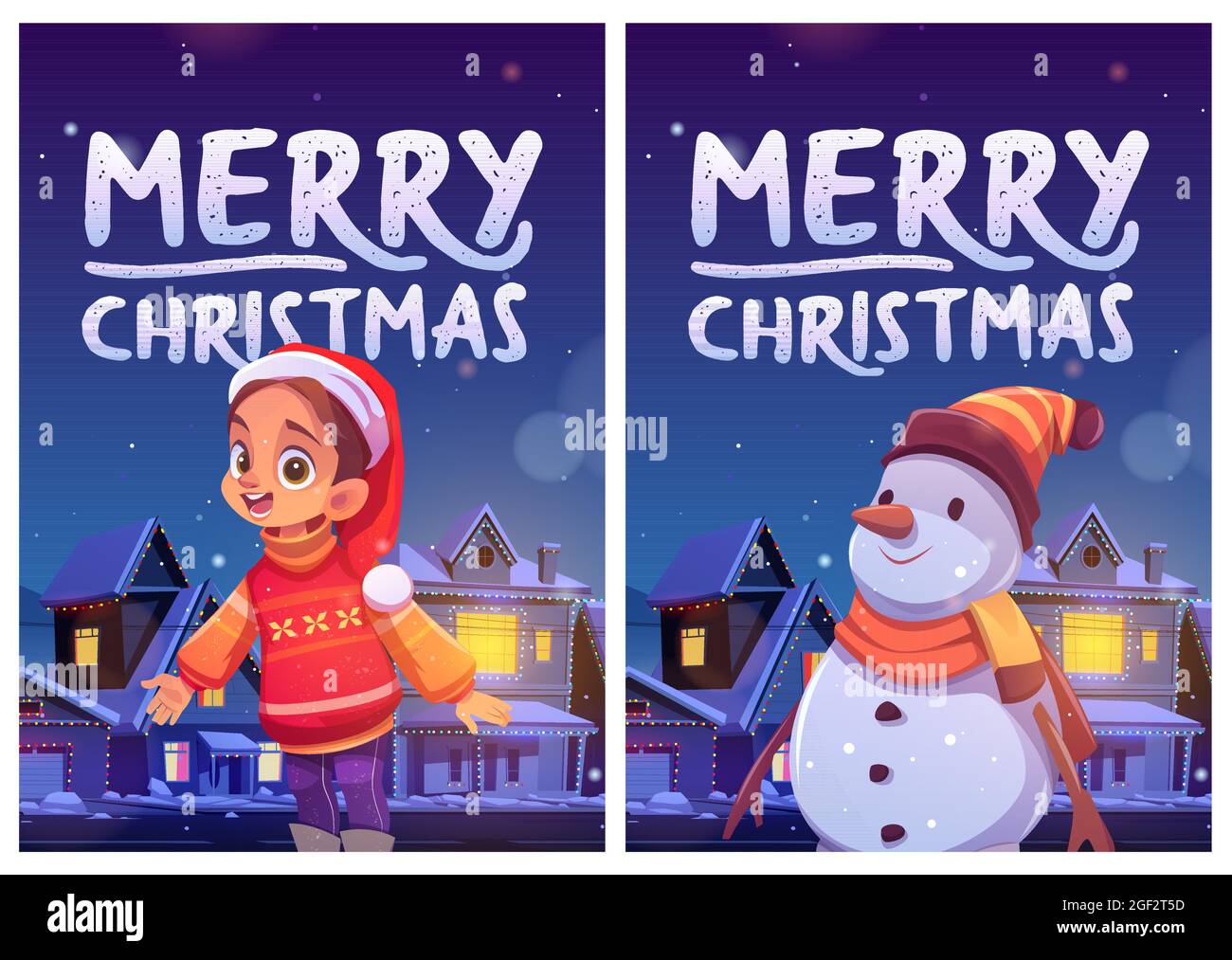 Merry Christmas flyers with cute girl and snowman Stock Vector