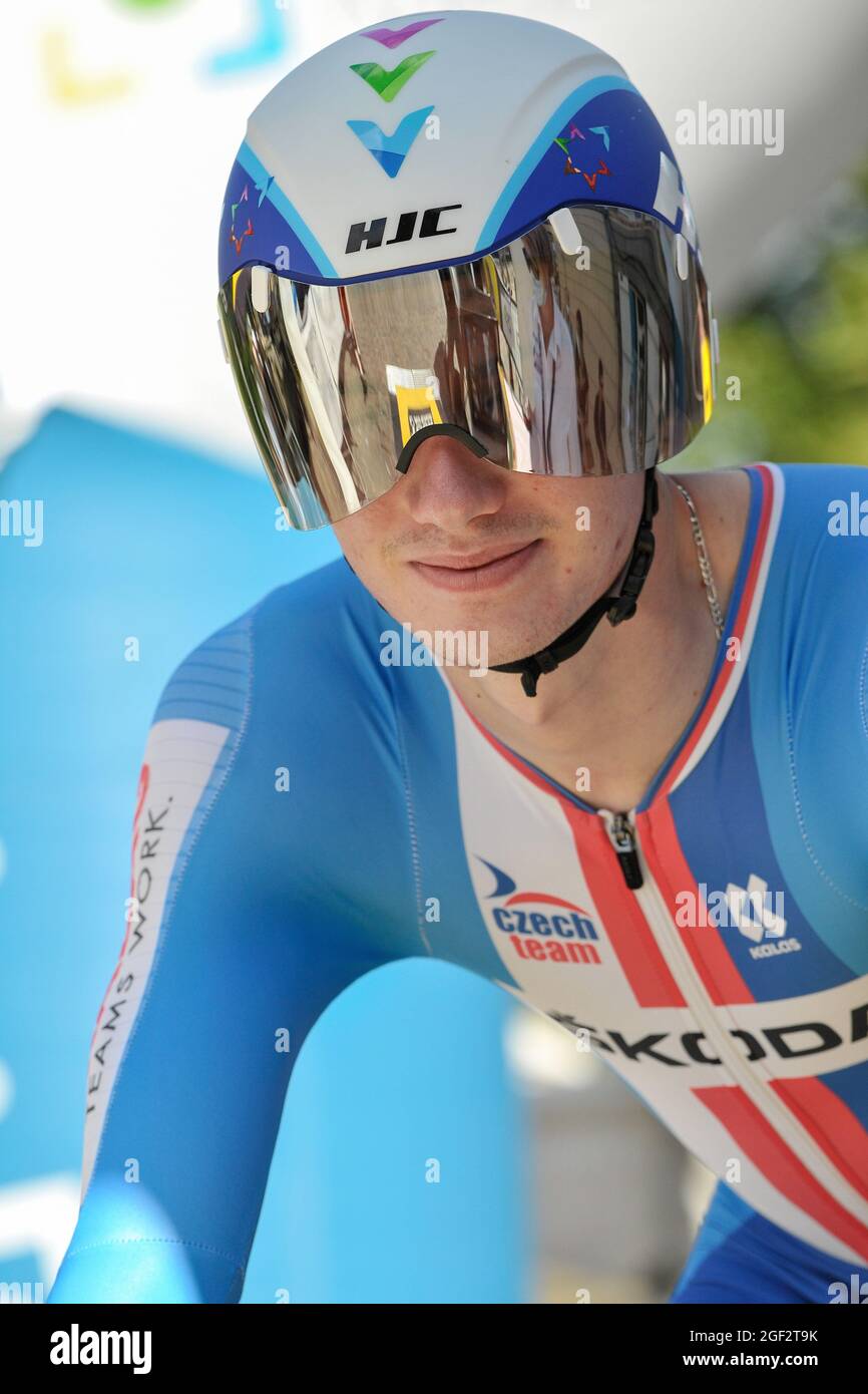 Jakub Boucek seen alert at the start of the prologue. The Tour de l'Avenir is an international cycling race by stage reserved for riders under 23 years old. It takes place in France from August 13 to 22, 2021. The prologue of August 13, 2021 is an individual time trial of 5 km in the town of Charleville-Mezieres. (Photo by Laurent Coust / SOPA Images/Sipa USA) Stock Photo