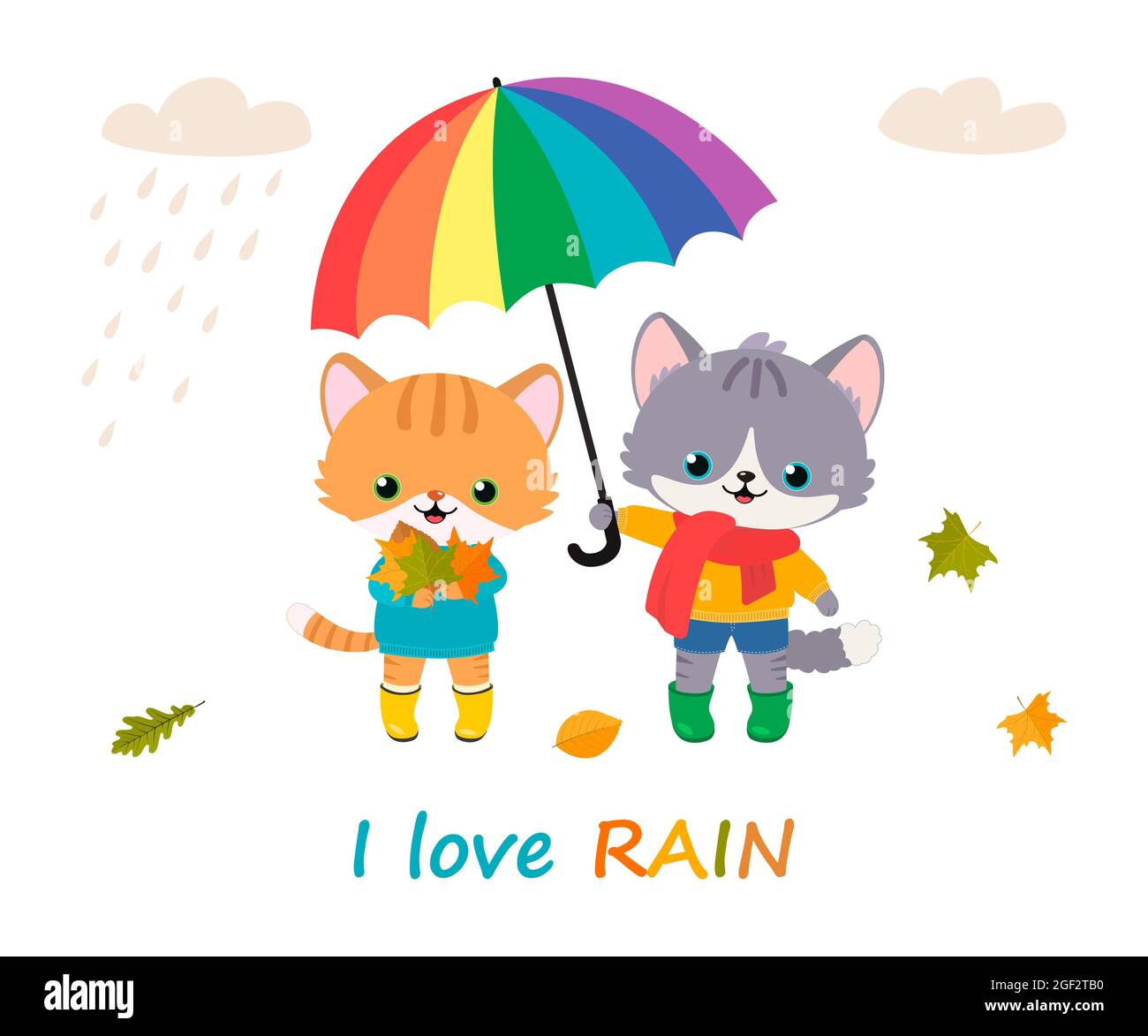 Cute cats with umbrella. Cartoon flat style. Vector illustration Stock