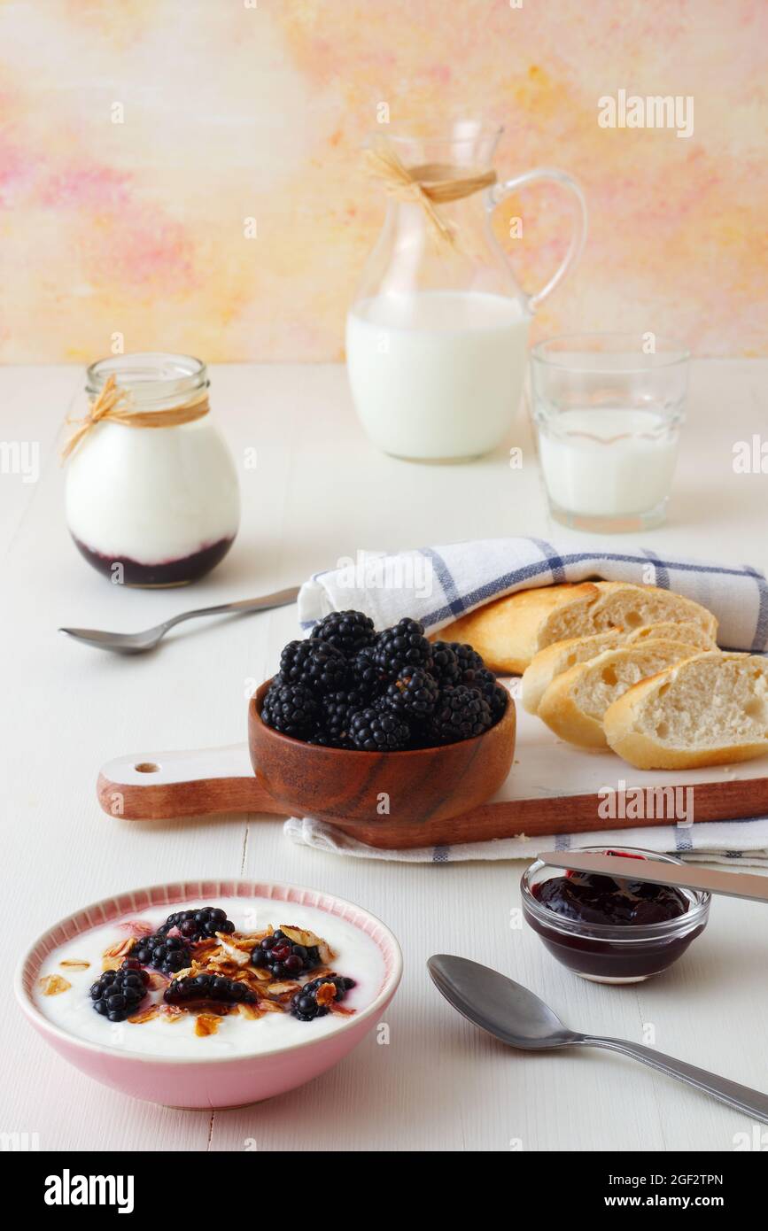 Bowl of blackberries, milk, yoghurt with oatmeals, fresh cheese and bread a table set for breakfast, ingredients from the local farmers market. Portra Stock Photo