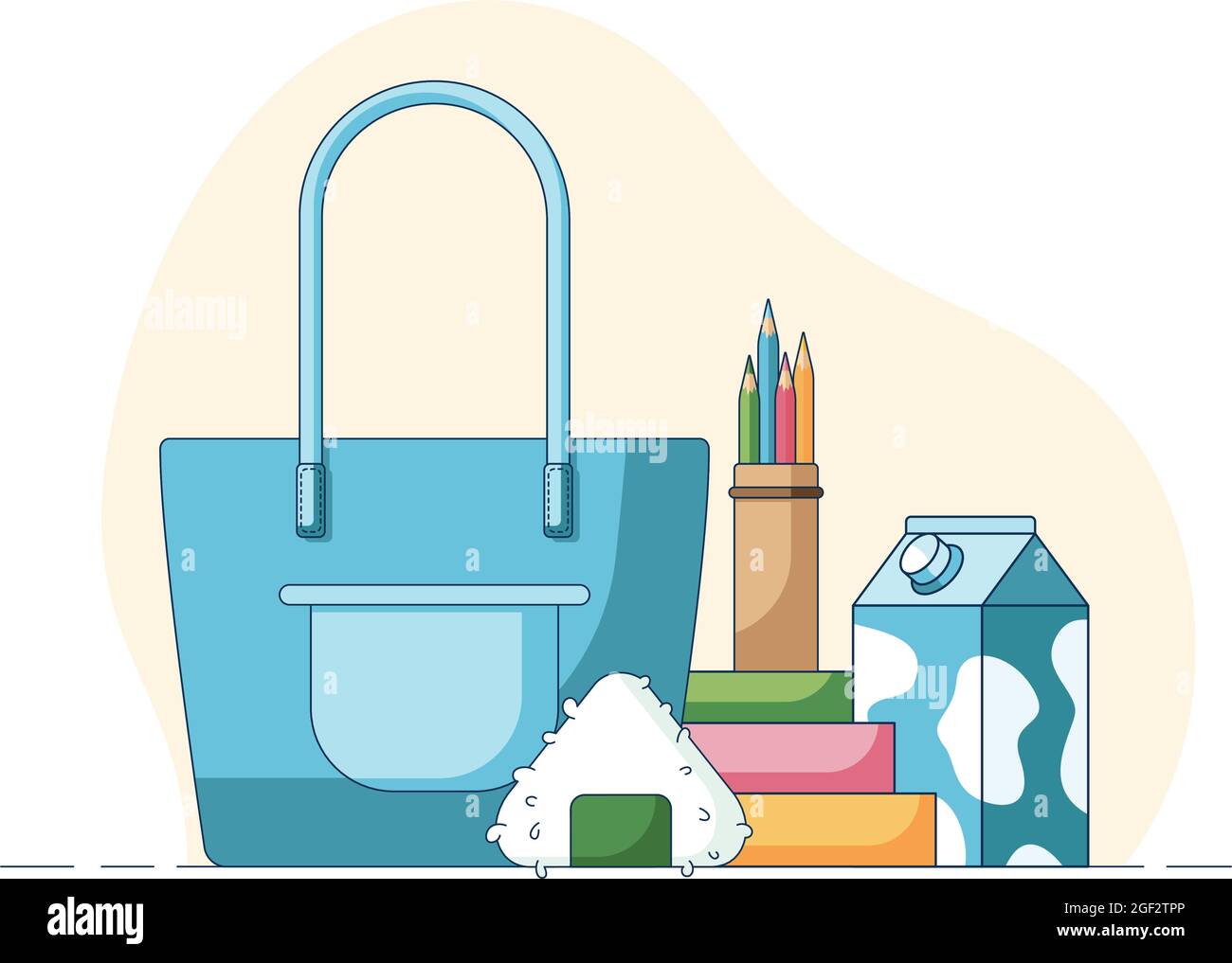 Concept of a school lunch, onigiri and milk in front of a multi-coloured books, pencils and blue shopper bag. Illustration in a flat style isolated on Stock Vector