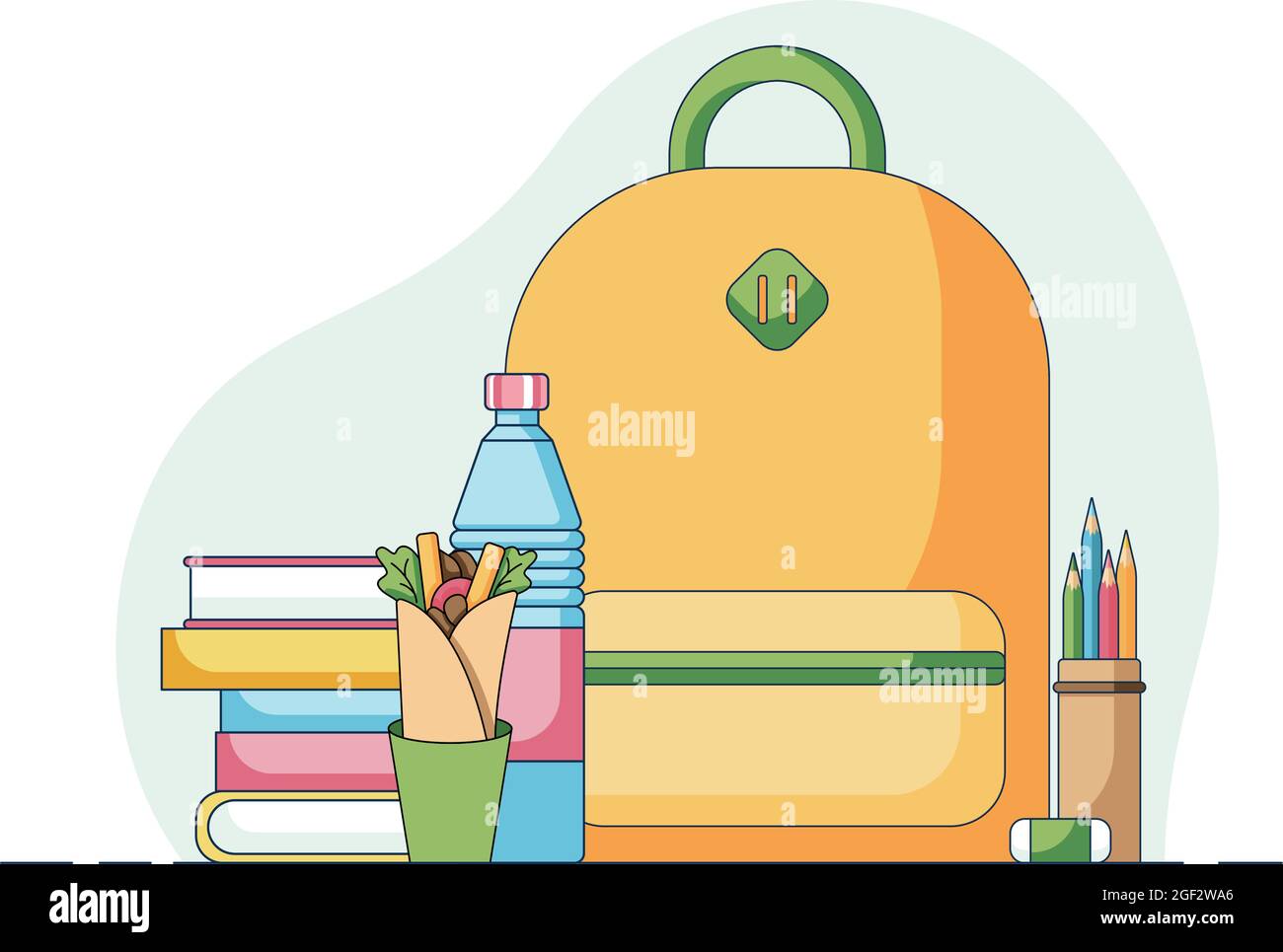 Concept of a school lunch, roll with bottle of water in front of a multi-coloured books and yellow backpack, pencils and ruler . illustration in a Stock Vector