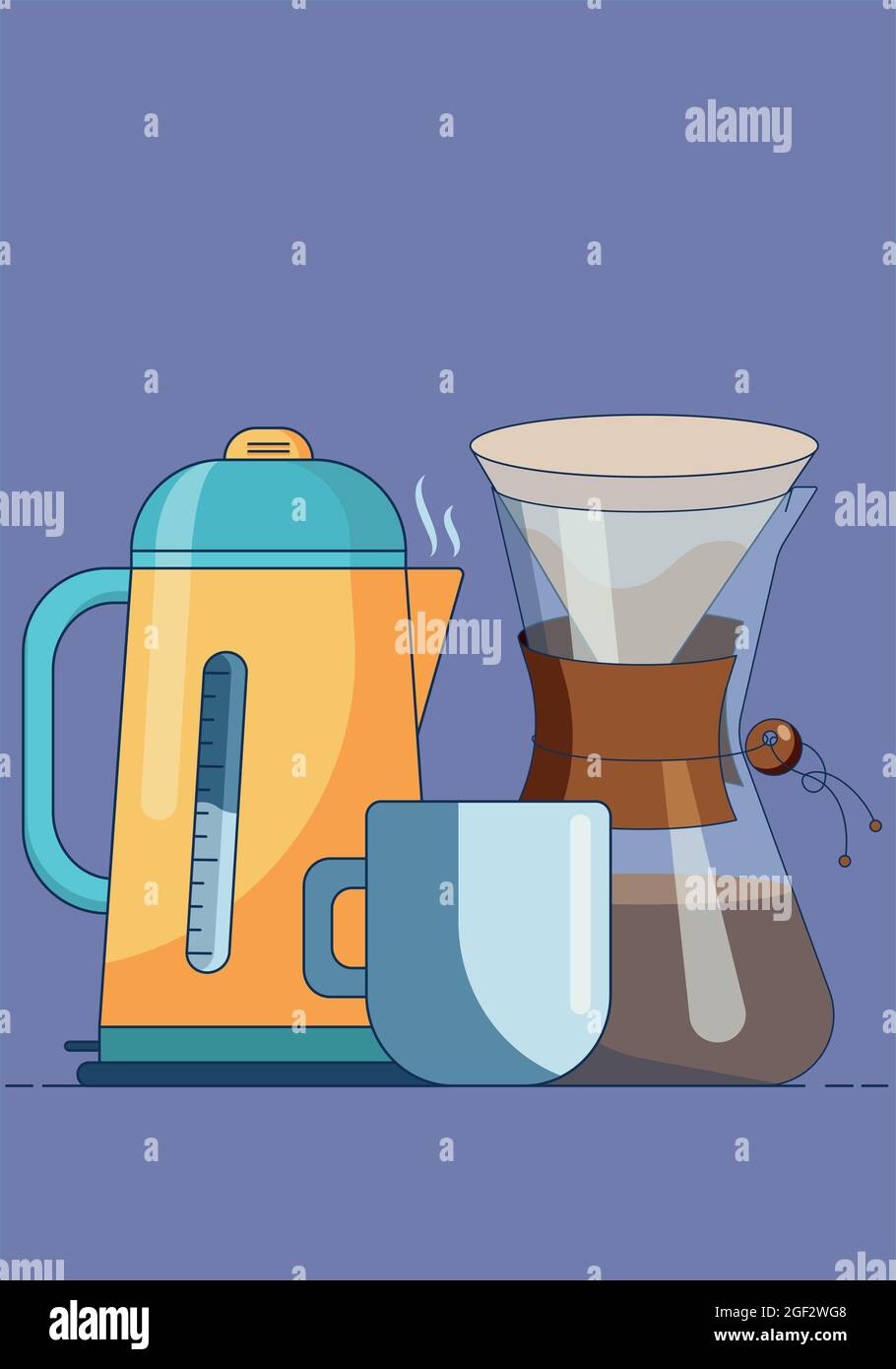 https://c8.alamy.com/comp/2GF2WG8/mug-with-hot-coffee-jug-filter-bags-and-electric-kettle-cartoon-vector-illustration-in-a-flat-style-isolated-on-a-purple-background-2GF2WG8.jpg