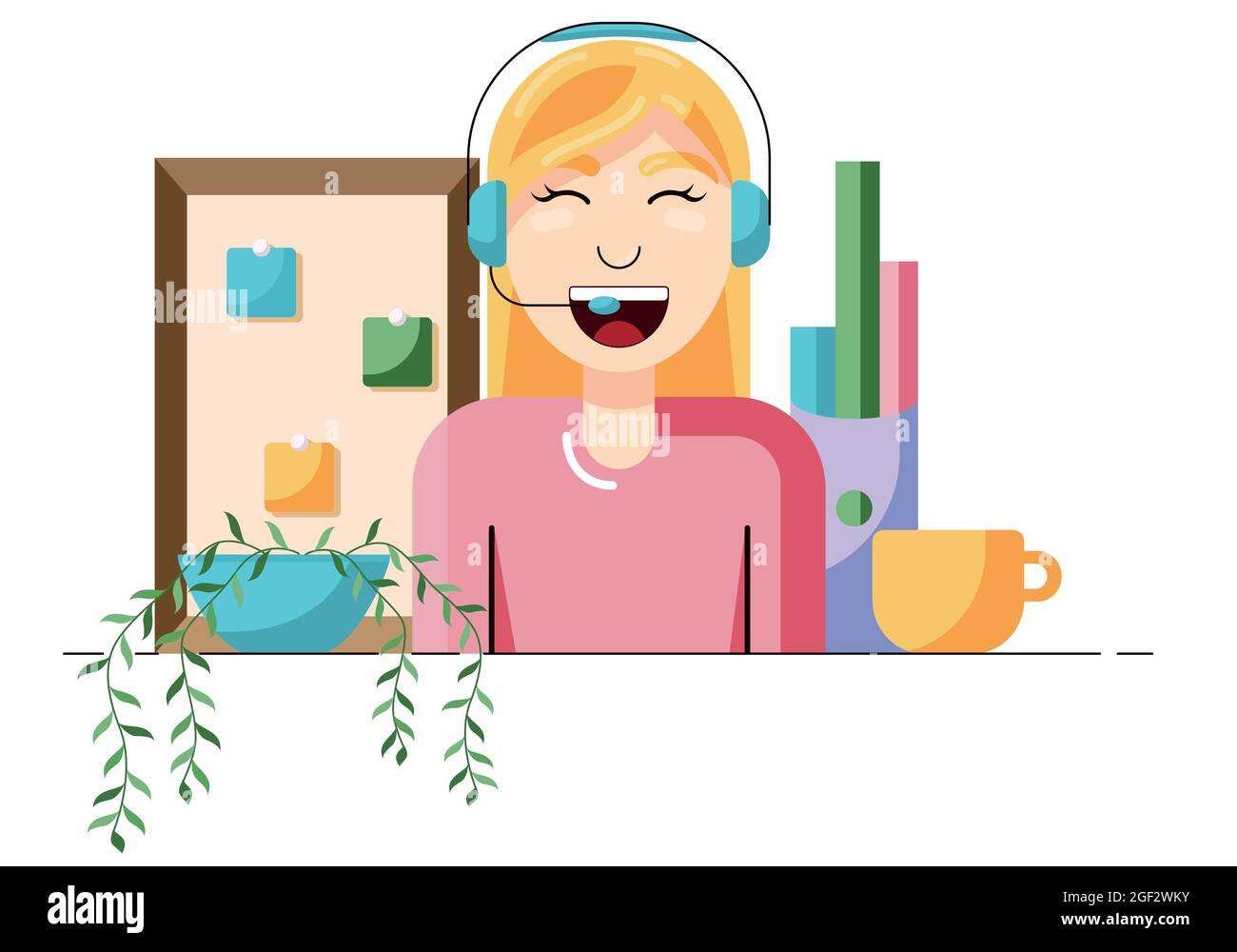 Concept of online assistant, call center or online support, female customer talking with client through headphones. Vector illustration in a flat Stock Vector