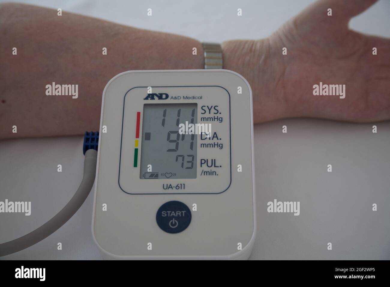 Elderly woman checking blood pressure using a blood pressure monitor