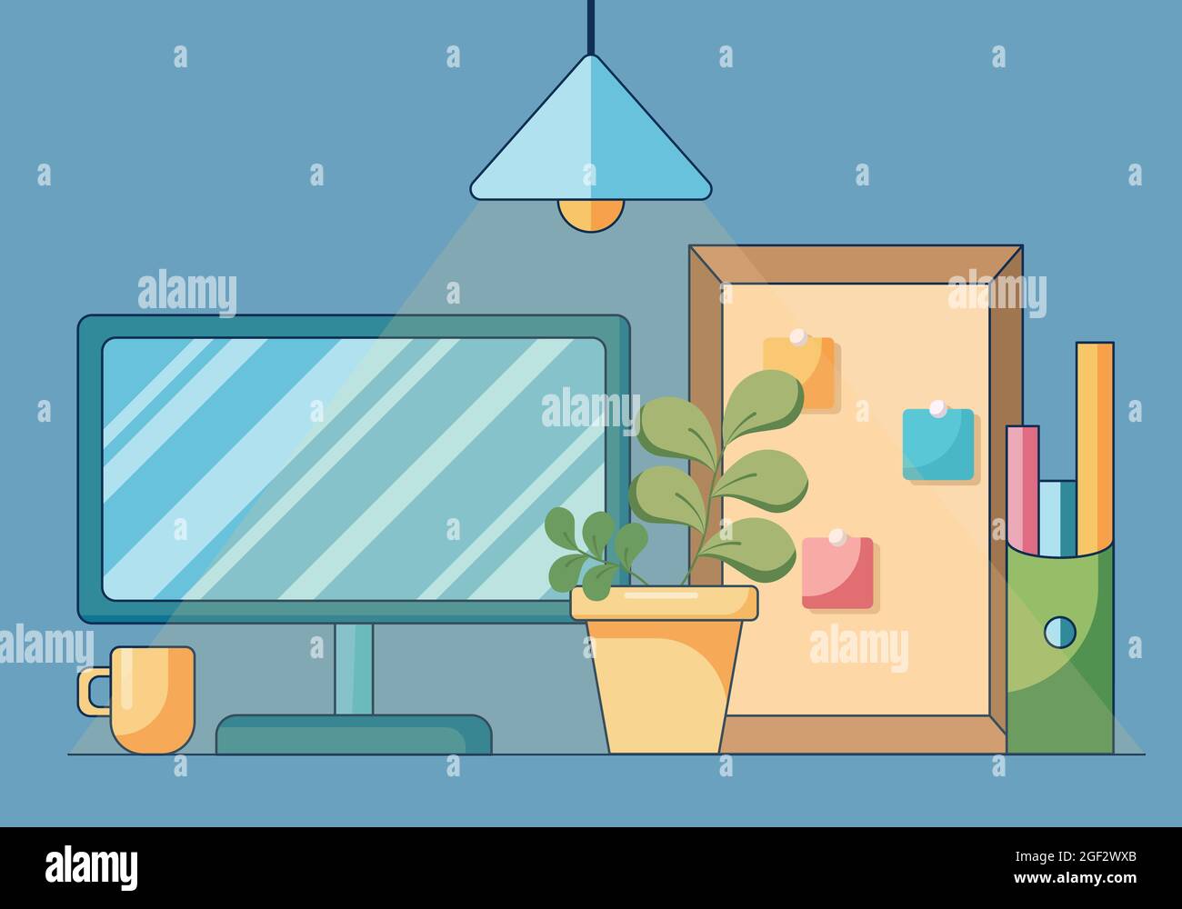 Cartoon home office work or study online at computer. Concept of remote  workplace in a flat style isolated on a blue background Stock Vector Image  & Art - Alamy