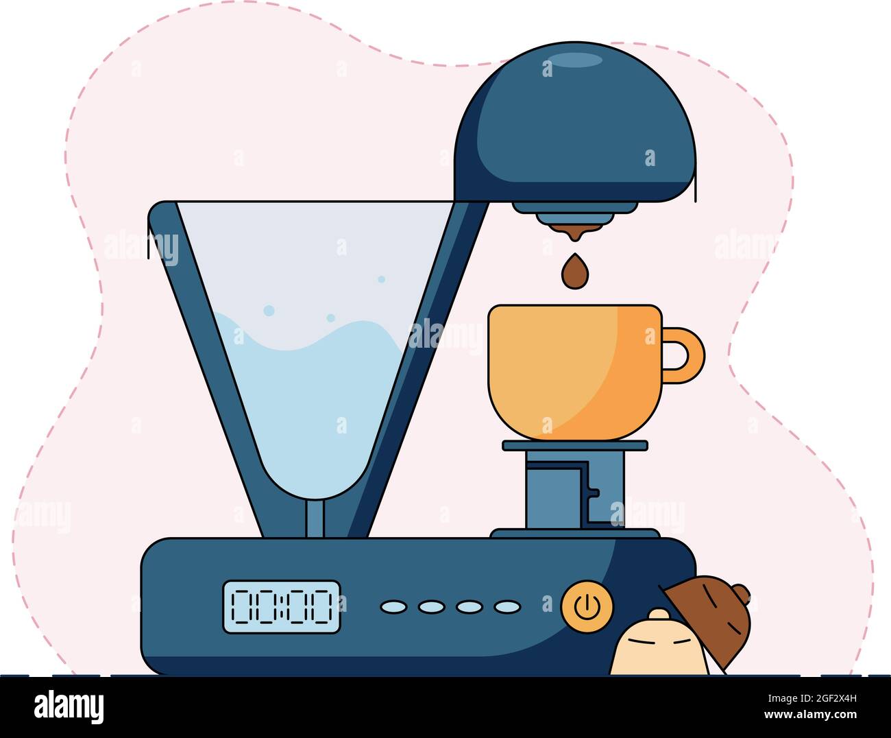 Vector illustration of coffee machine with capsules of coffee and milk, brewing coffee in a yellow mug. Illustration in a flat style, with abstract Stock Vector