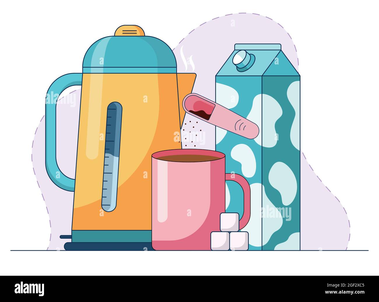 Mug with hot drink made by instant coffee, sugar cubes and milk in front of coffee pot with boiling water. Cartoon vector illustration in a flat style Stock Vector