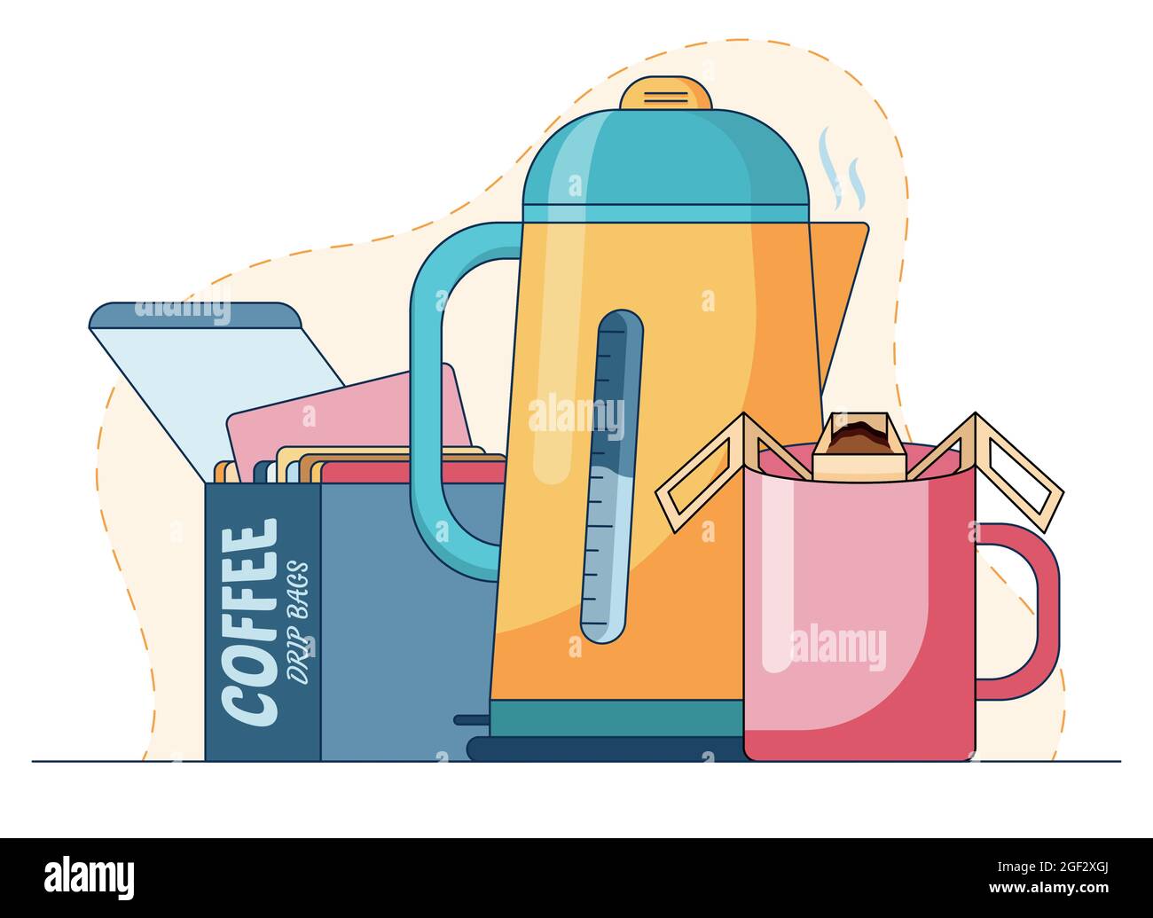 Mug with hot drink made by coffee drips bag and hot water. Cartoon vector illustration in a flat style, isolated on a blue and white background. Stock Vector