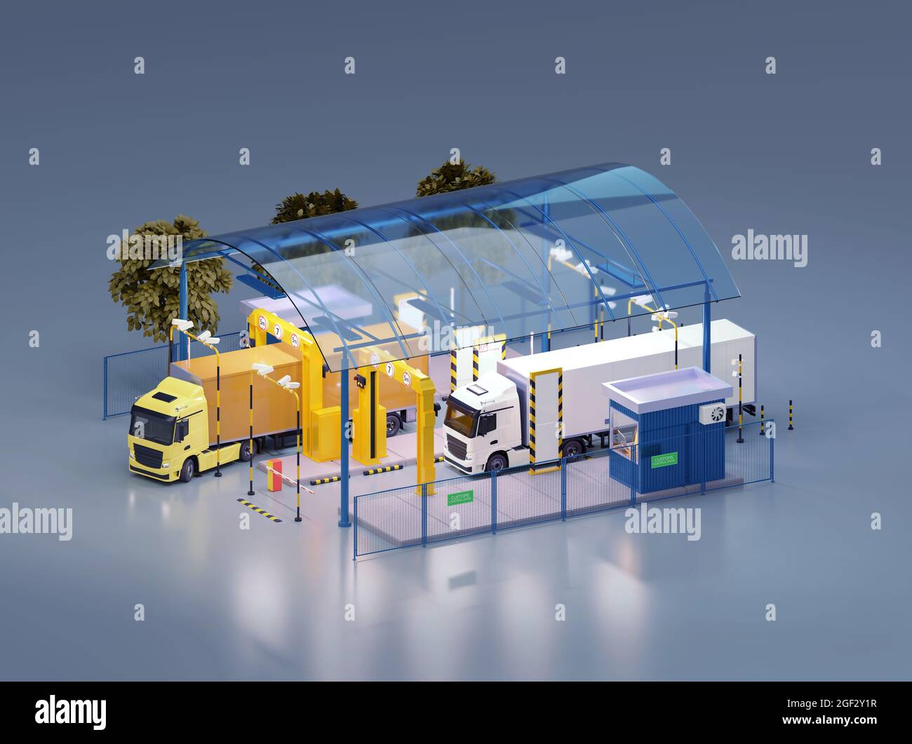 Trucks at the customs control on border checkpoint. Xray truck scanner