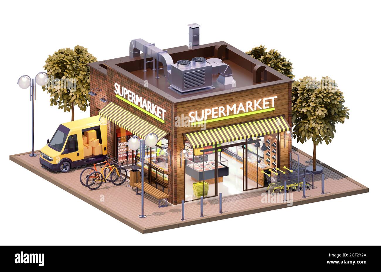 Supermarket or grocery building with interior. Supermarket trolley