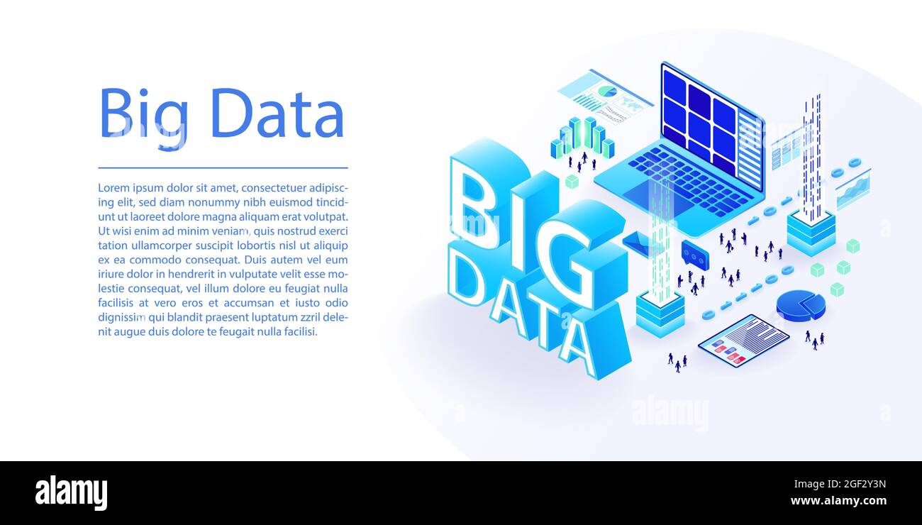 Big data concept as isometric 3d vector illustration. Wide website banner layout of notebook and data processing. Stock Vector