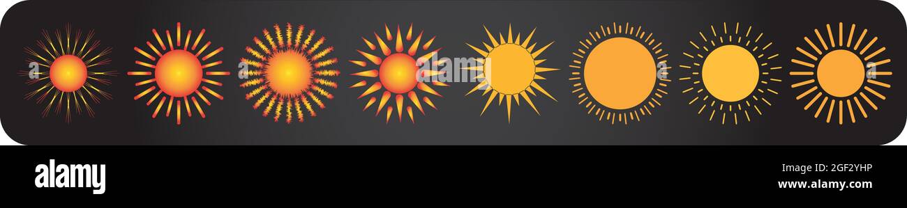 A set of isolated icons and shapes showing the sun in different colors ...