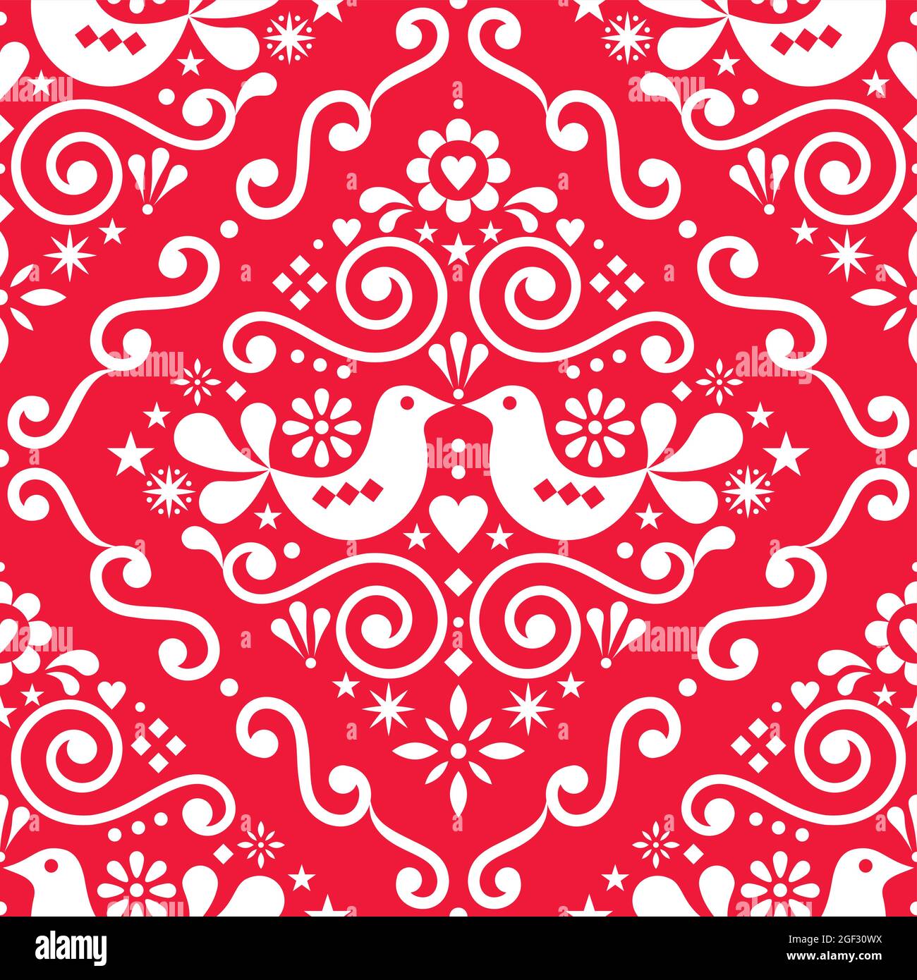 Scandinavian floral seamless vector pattern, repetitive folk art textile Nordic design with birds and flower in white on red Stock Vector