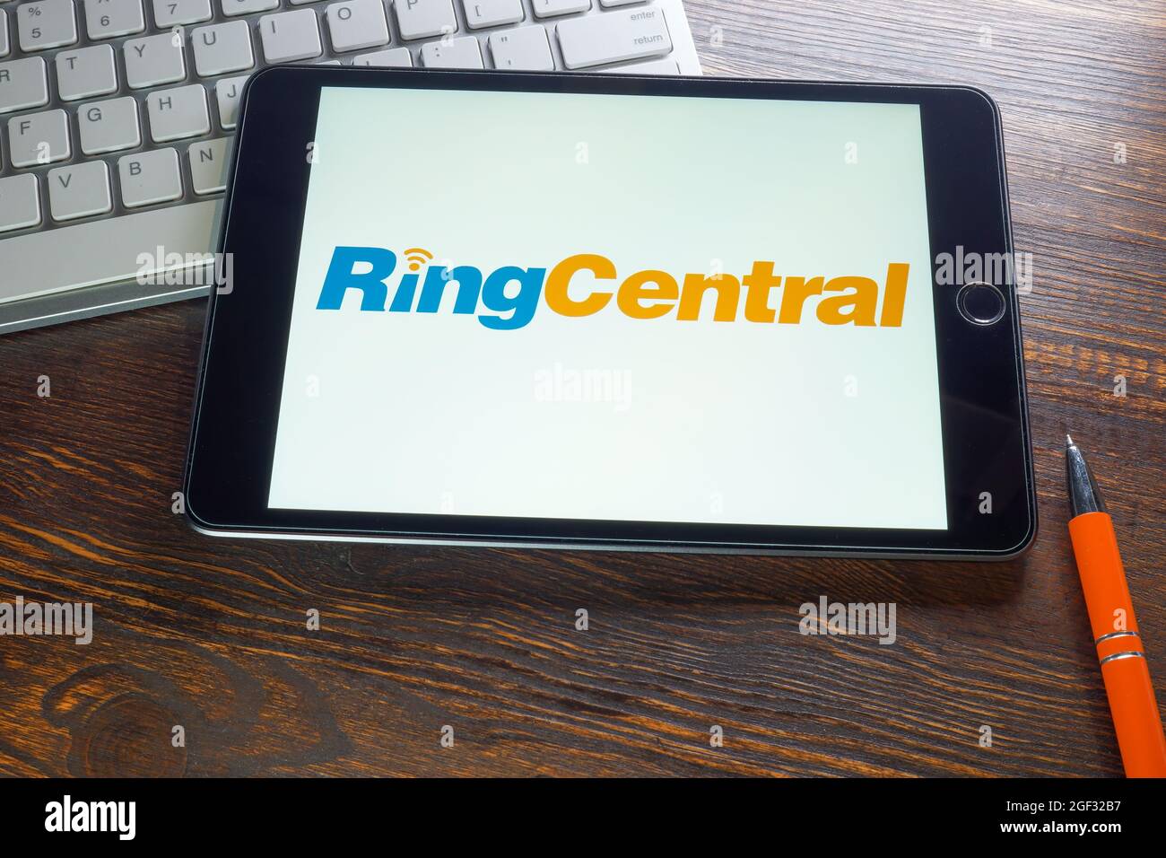 KYIV, UKRAINE - August 21, 2021. Tablet with logo of Ringcentral company. Stock Photo
