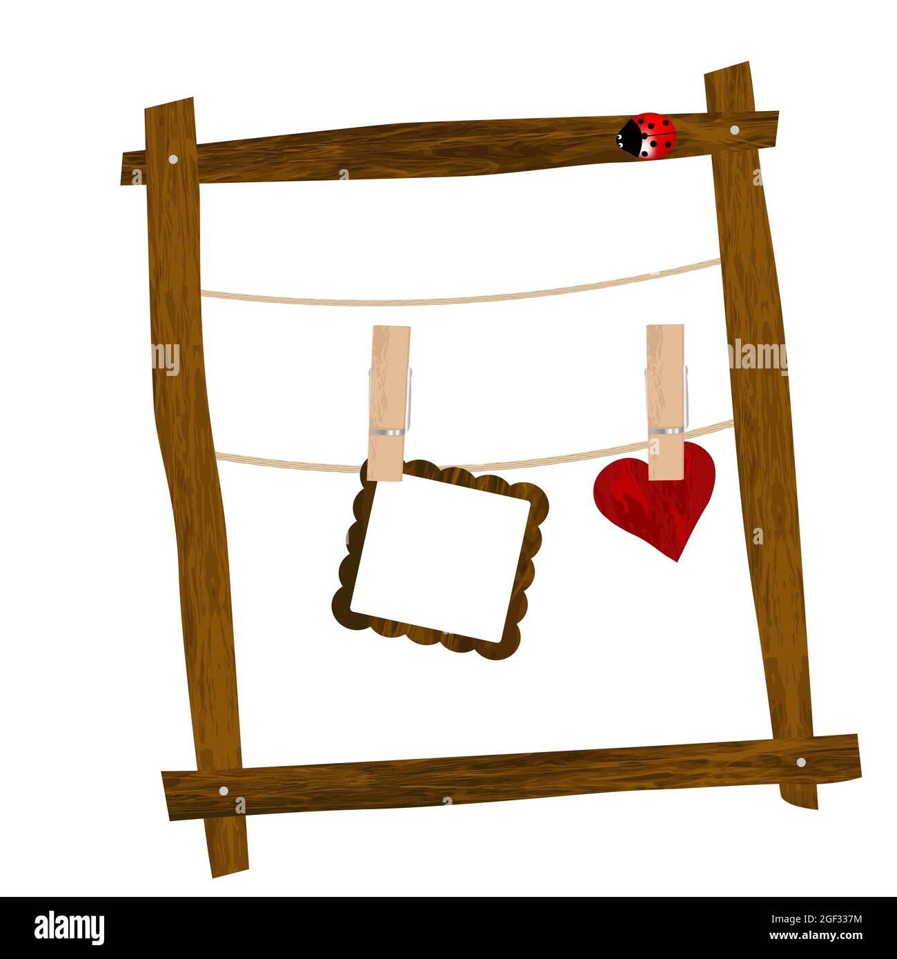 Wooden frame with clothes hooks and ladybug Stock Vector