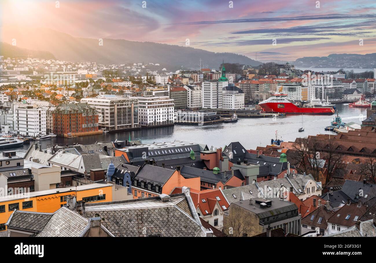 City and harbor landscape of Bergen in Norway. Stock Photo
