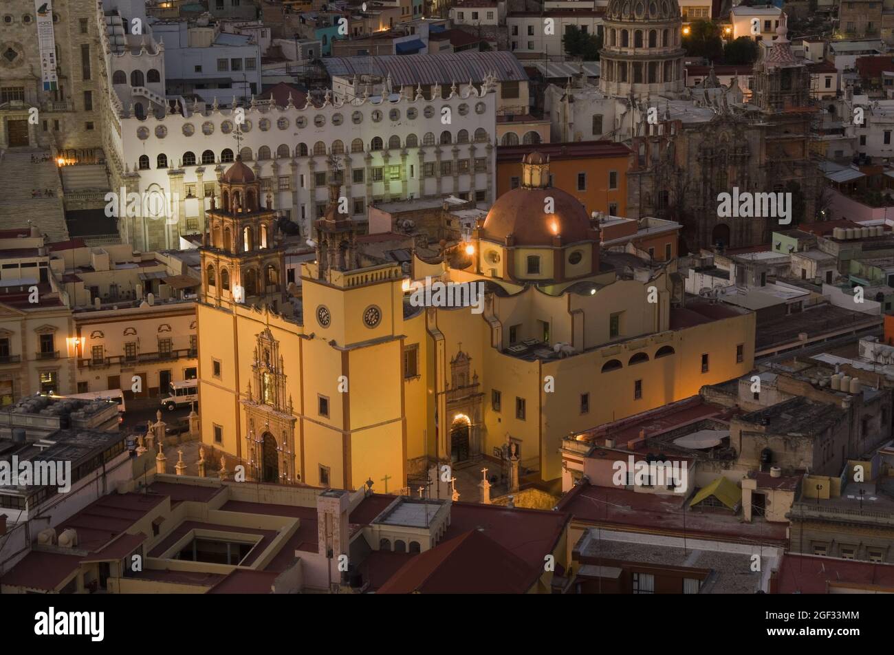 Historic town of Guanajuato, Cathedral Nuestra Senhora de Guanajuato and the university at night, Province of Guanajuato, Mexico Stock Photo