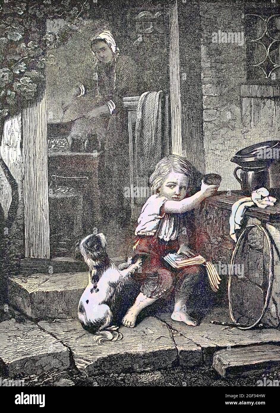 puppy begging for food, young dog wants the food of a boy, Junger Hund bettelt bei einem Kind um Futter, digital improved reproduction of an original print from the year 1881, Koloriert, Kolorierung, koloriert, handkoloriert, Hand-colouring, hand coloured, colored, Stock Photo