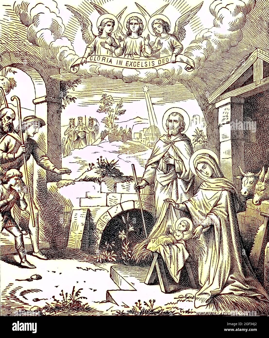 Christmas is an annual festival commemorating the birth of Jesus Christ, Ehre sei Gott in der Höhe, Christi Geburt, Bethlehem, digital improved reproduction of an original print from the year 1881, Koloriert, Kolorierung, koloriert, handkoloriert, Hand-colouring, hand coloured, colored, Stock Photo