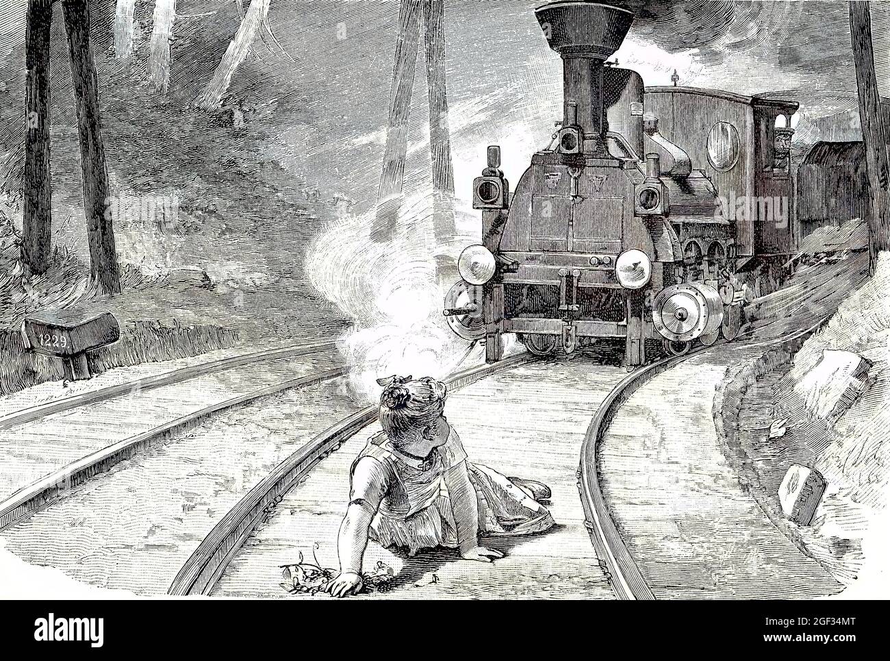 child plays on the railway tracks and is in danger. Kind spielt auf den Bahngleisen und ist in Gefahr, digital improved reproduction of an original print from the year 1881, Koloriert, Kolorierung, koloriert, handkoloriert, Hand-colouring, hand coloured, colored, Stock Photo
