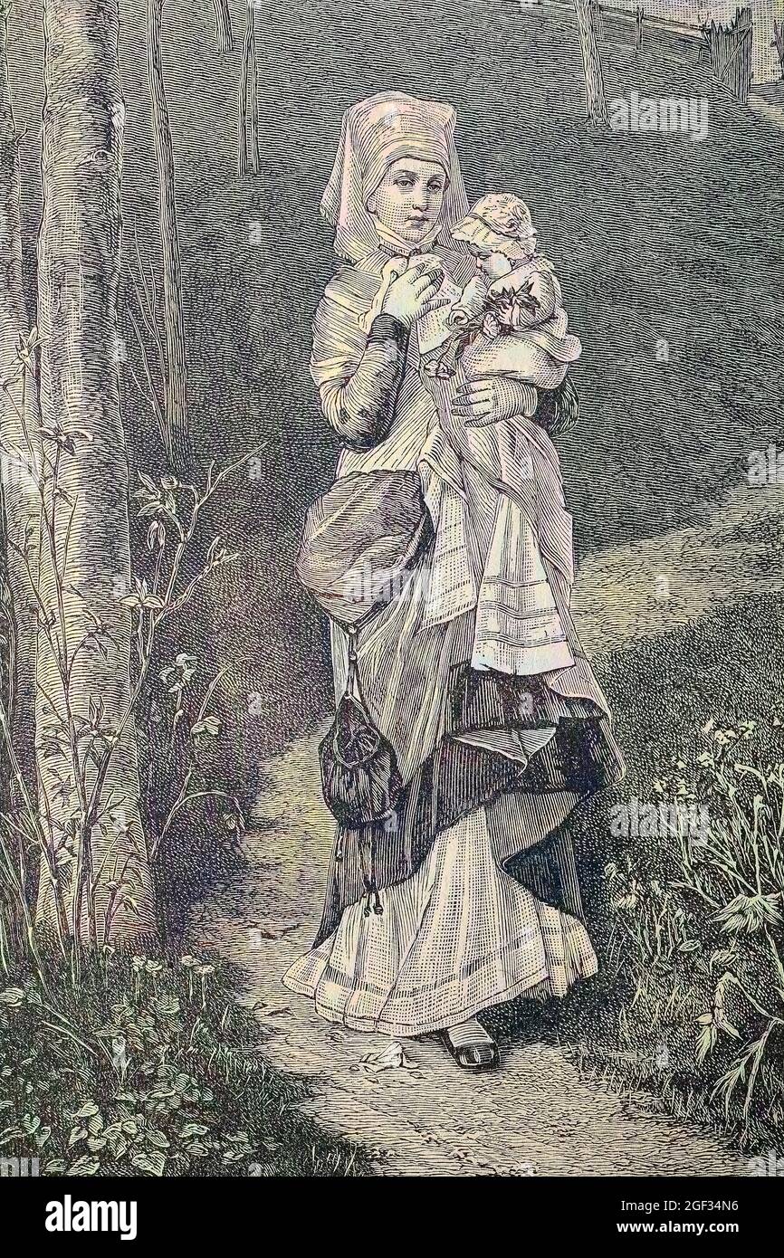 lonely woman with baby on her arm, verlassene Frau mit Baby auf dem Arm, digital improved reproduction of an original print from the year 1881, Koloriert, Kolorierung, koloriert, handkoloriert, Hand-colouring, hand coloured, colored, Stock Photo