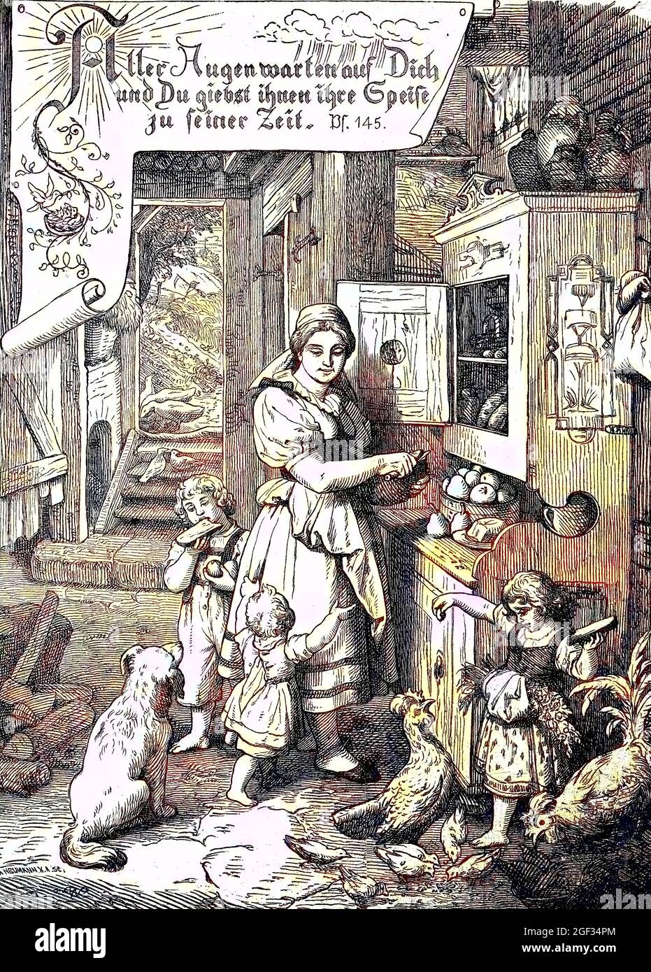 Family with children and pets in the kitchen, farm, middle ages, Familie mit Kindern und Haustieren in der Küche, Bauernhof, Mittelalter, digital improved reproduction of an original print from the year 1881, Koloriert, Kolorierung, koloriert, handkoloriert, Hand-colouring, hand coloured, colored, Stock Photo