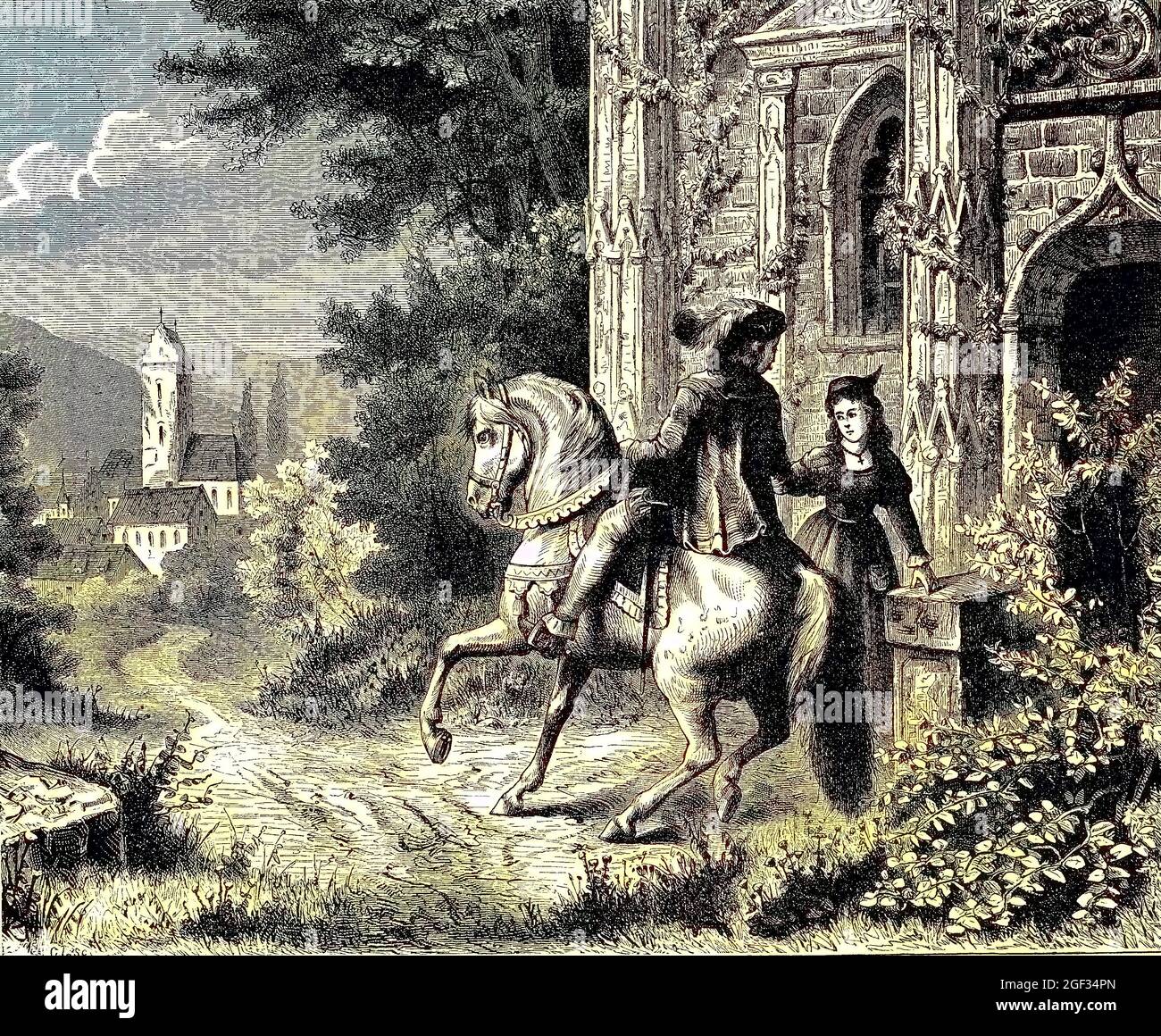 Farewell of the lover on horse, Abschied des Liebhabers zu Pferd, digital improved reproduction of an original print from the year 1881, Koloriert, Kolorierung, koloriert, handkoloriert, Hand-colouring, hand coloured, colored, Stock Photo