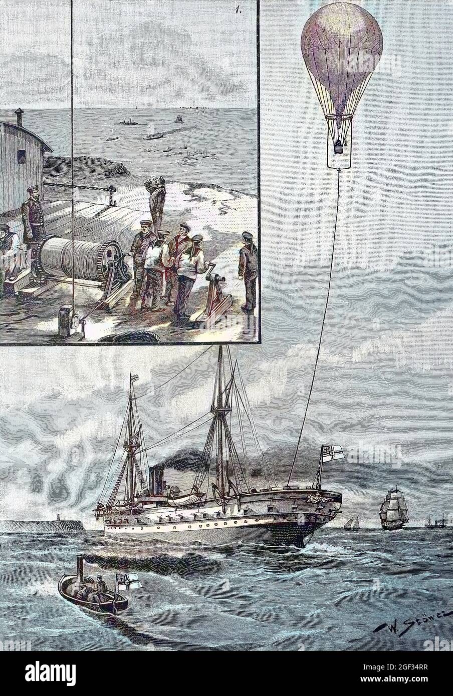 trials with the tethered, moored or captive balloon on the sea at helgoland, Germany, Versuche mit dem Fesselballon auf dem Meere bei Helgoland, digital improved reproduction of an original print from the year 1881, Koloriert, Kolorierung, koloriert, handkoloriert, Hand-colouring, hand coloured, colored, Stock Photo