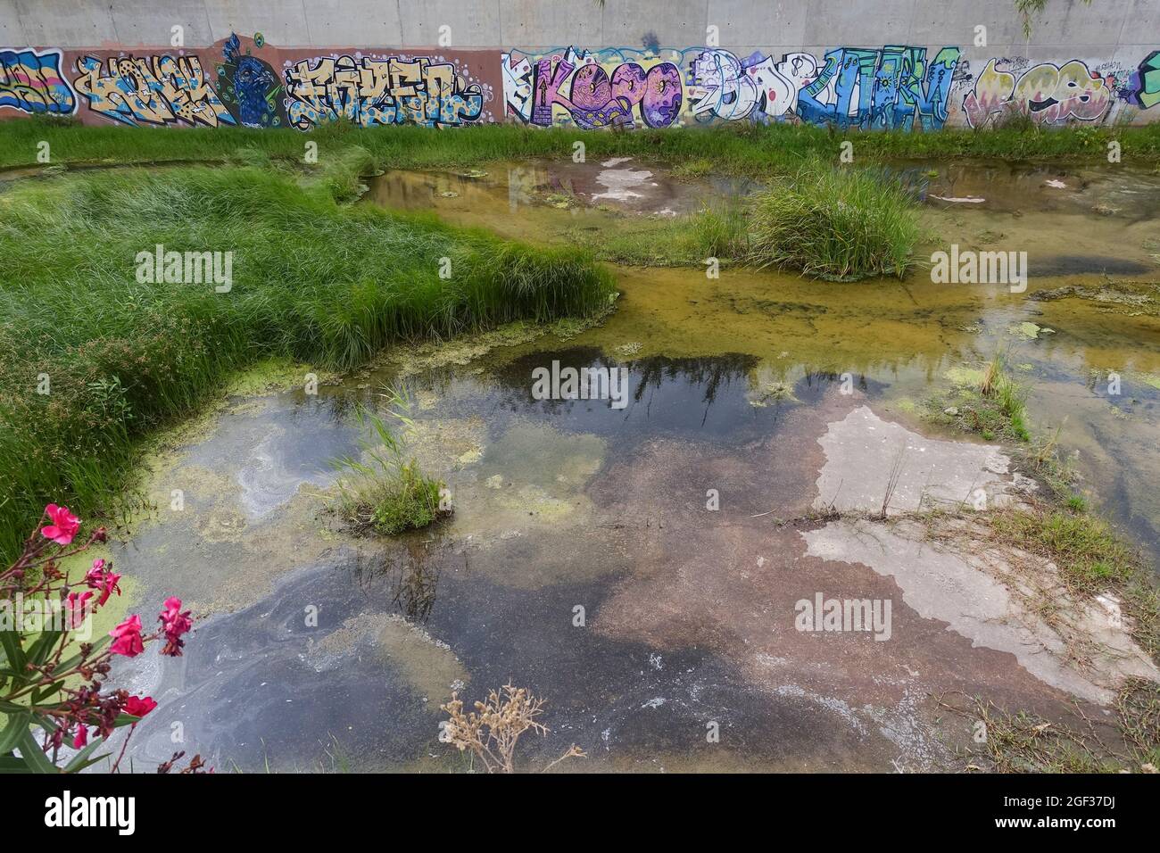 Stream flowing through concrete embankment, arroyo de las cañas Malaga, Spain Stock Photo