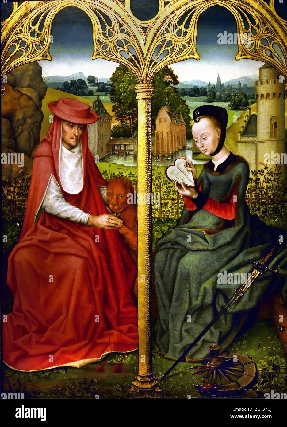 Saint Jerome and Saint Catherine of Alexandria, 1480 - 1490 oil paint, unknown painter  Bruges Belgian, Belgium, Flemish, , Hieronymus and Catharina are sitting on a sod bench in front of a rose hedge. Jerome on the lion, Catherine on the sword and the broken wheel. King's daughter Catharina was a role model for rich, courtly women.Precious heart-shaped book she is holding  contained secular love songs, Stock Photo