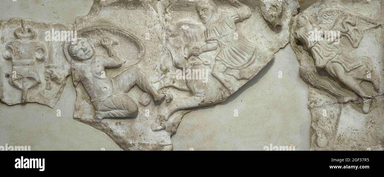 Relief of a triumphal monument commemorating Maximianus' victory over the Franks (Barbarians) in 296 AD. The reliefed slab, dated around 300 AD. It de Stock Photo