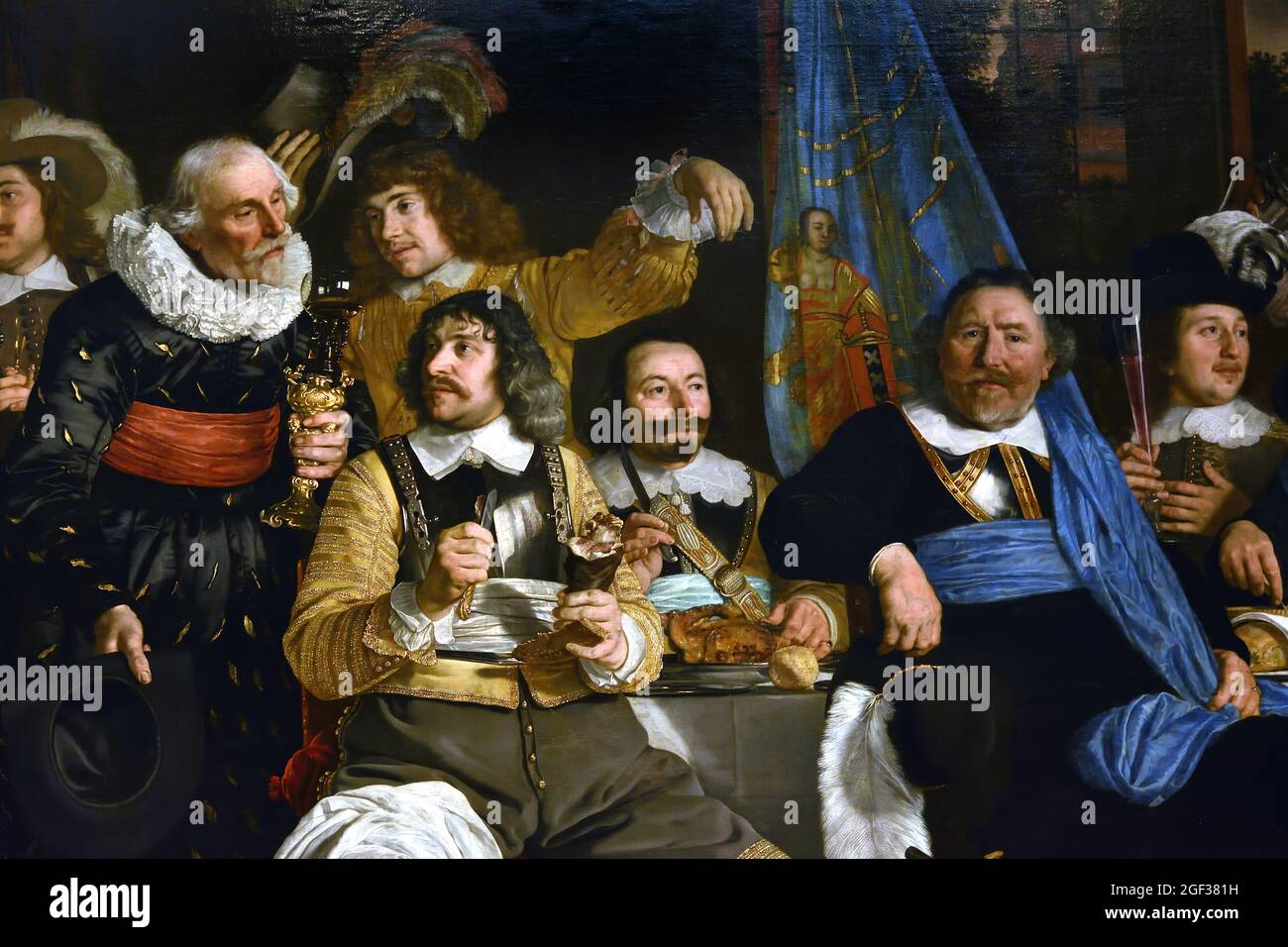 Schuttersmaaltijd ter viering van de Vrede van Munster - Archers Meal in Celebration of the Peace of Munster 1648 by Bartholomeus van der Helst, 1613-1670 oil on canvas,  (June 18, 1648 Feast at the Amsterdam archers. Peace of Munster, end of the war with Spain. The leaders of the militia shake hands as a sign of peace, the drinking horn is doing the rounds. . Dutch, The Netherlands.) Eighty Years, War, Spanish, Dutch, Netherlands,  Eighty Years' War, (1568–1648), war of  Netherlands  independence from Spain, Stock Photo
