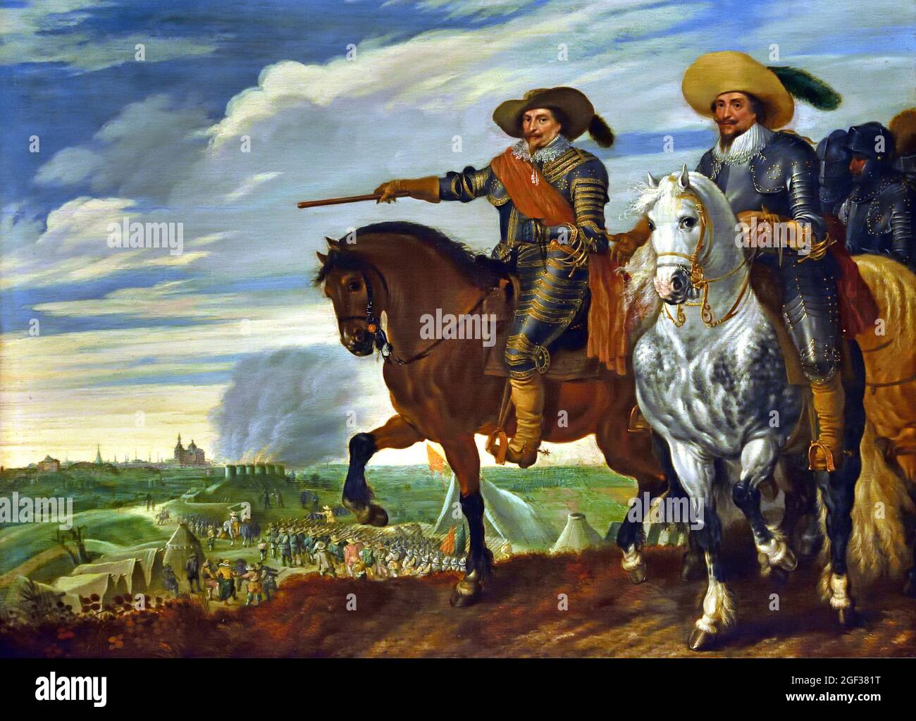 Frederick Henry and Ernst Casimir of Nassau-Dietz at the Siege of ’s Hertogenbosch, Pauwels van Hillegaert, 1629 - 1635 Prince Frederick Henry and his cousin Count Ernst Casimir pose triumphantly on their horses before ’s-Hertogenbosch. Frederick Henry points his commander’s staff at the Habsburg-occupied city now being stormed by Dutch forces. ‘the conqueror of cities’. Ernest Casimir  (22 December 1573 – 2 June 1632) Count of Nassau-Dietz and Stadtholder . Frederick Henry Frederik Hendrik; 29 January 1584 – 14 March 1647), Stock Photo