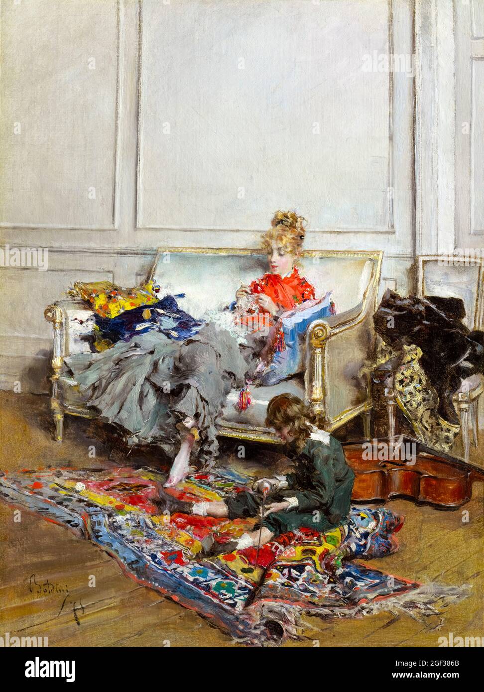 Giovanni Boldini, painting, Young Woman Crocheting, 1875 Stock Photo