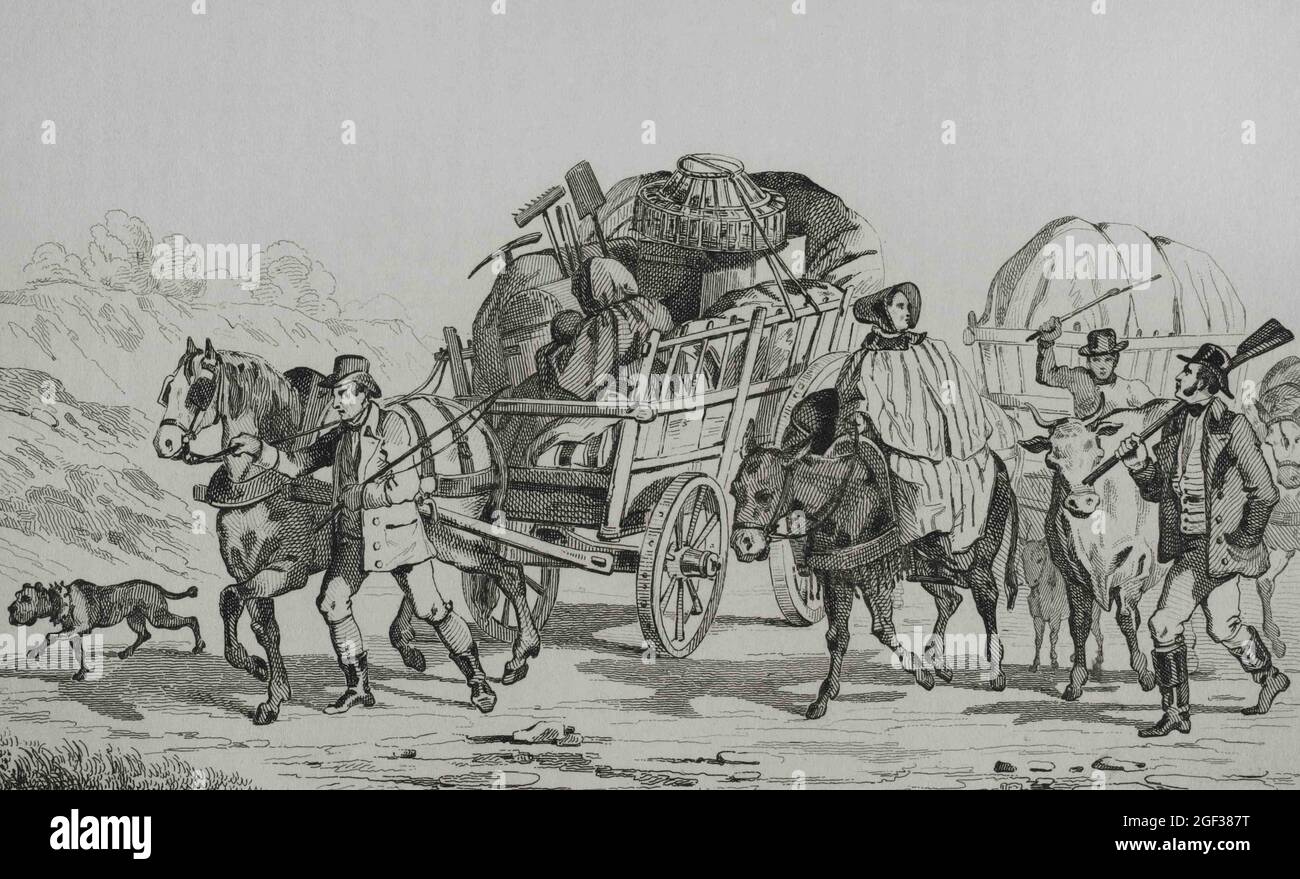 Emigrants on carts heading out West. Engraving by Vernier. Panorama Universal. History of the United States of America, from 1st edition of Jean B.G. Stock Photo