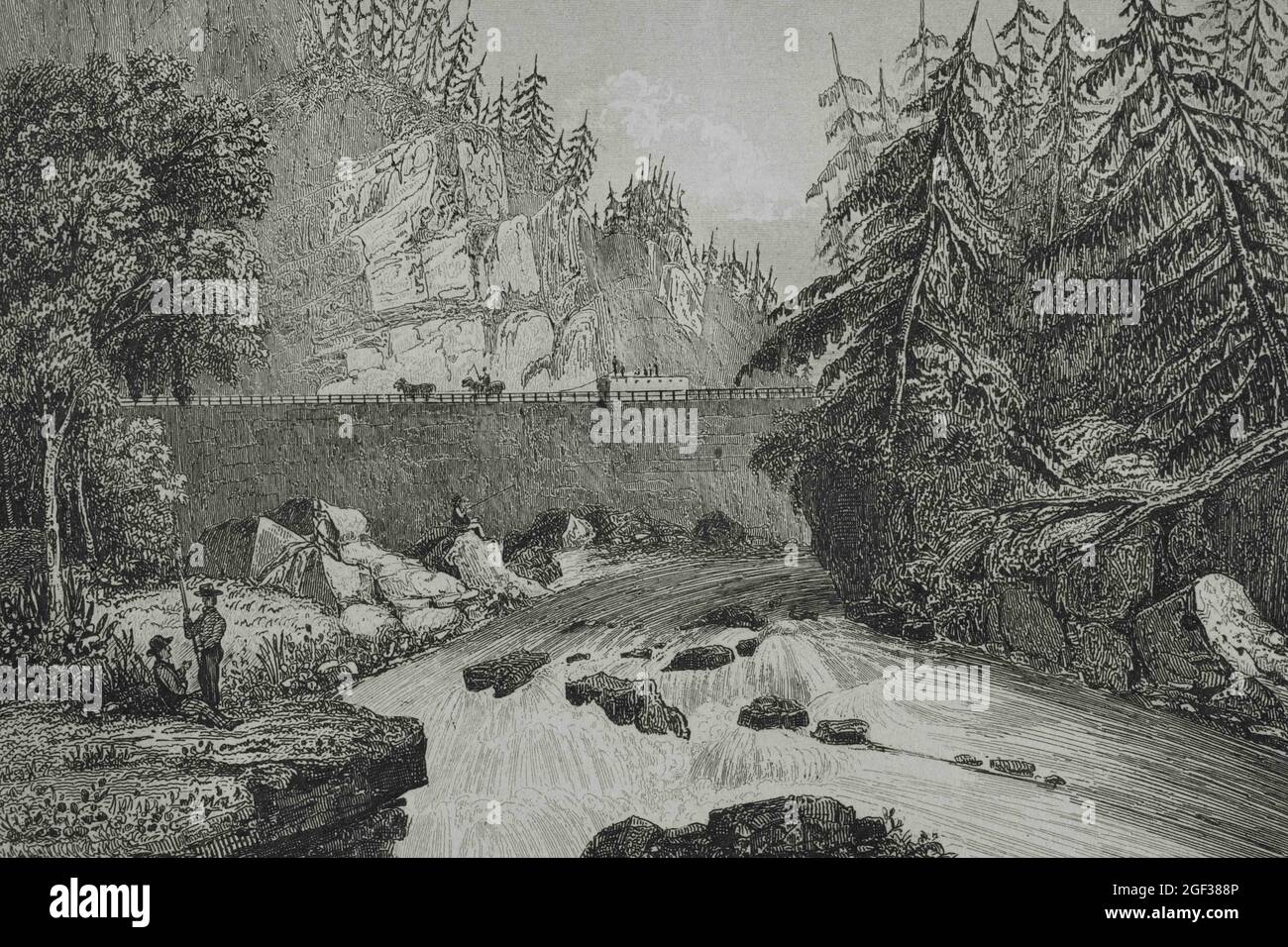 United States, New York State. Little Falls. Mohawk River valley rapids and rocks. A canal was constructed around the rapids about 1795. Engraving by Stock Photo