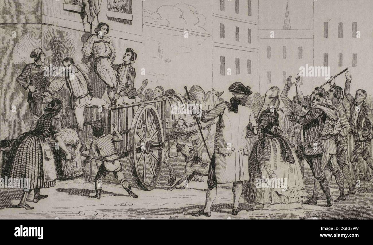 History of the United States of America, 18th century. British colonies in North America. Loyalist captured and humiliated, being feathered by a group Stock Photo
