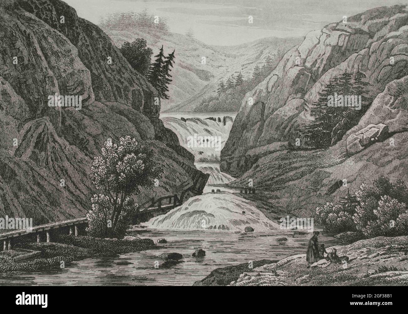 United States of America. Waterfalls at Mount Ida. Engraving by Milbert. Panorama Universal. History of the United States of America, from 1st edition Stock Photo