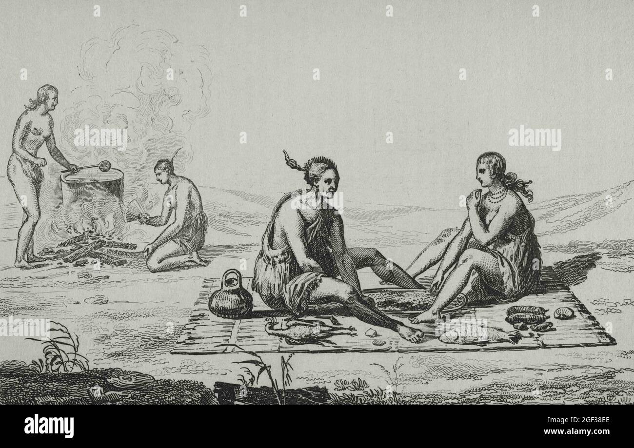 United States of America. 16th century French expedition. Florida. Seminoles Indians. Food and meal preparation. Jacques Le Moyne de Morgues (1533-158 Stock Photo