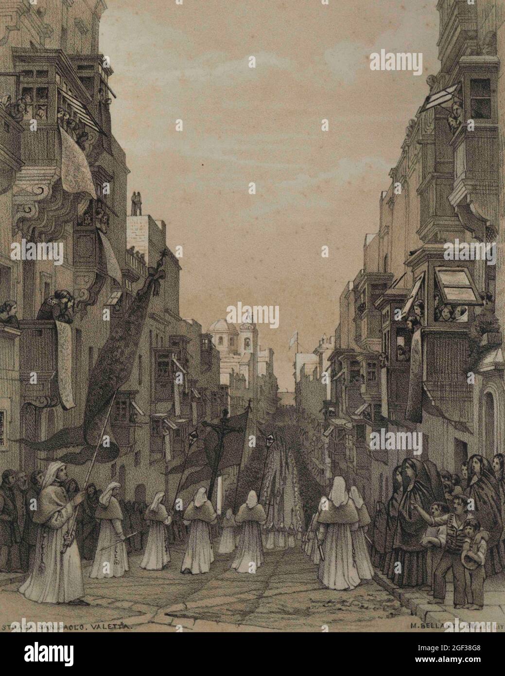 Michele Bellanti (1807-1883). Maltese painter. View of the San Paolo Street. Lithograph. National Museum of Fine Arts. Valletta. Malta. Stock Photo