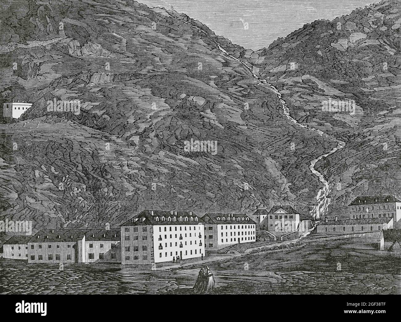 Spain, Aragon, Huesca province. Panticosa Baths. Panoramic view of the thermal complex. Engraving by Sierra. Cronica General de España, Historia Ilust Stock Photo