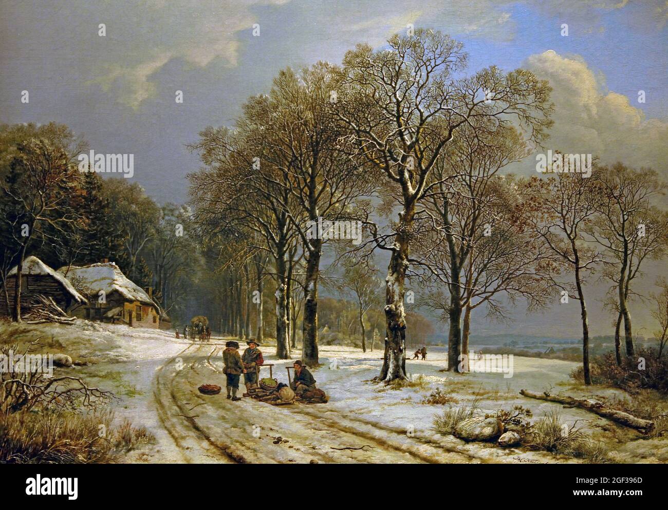 Winter, landscape, Barend Cornelis Koekkoek, 1835 - 1838 Dutch, Netherlands oil on canvas, 62 × 75 Koekkoek chose a rolling landscape in Gelderland of the German area of the Lower Rhine. A calm scene, with men pausing by a sled laden with deadwood and vegetables. tranquil nature on a winter's day, a world covered with the purity of snow Stock Photo